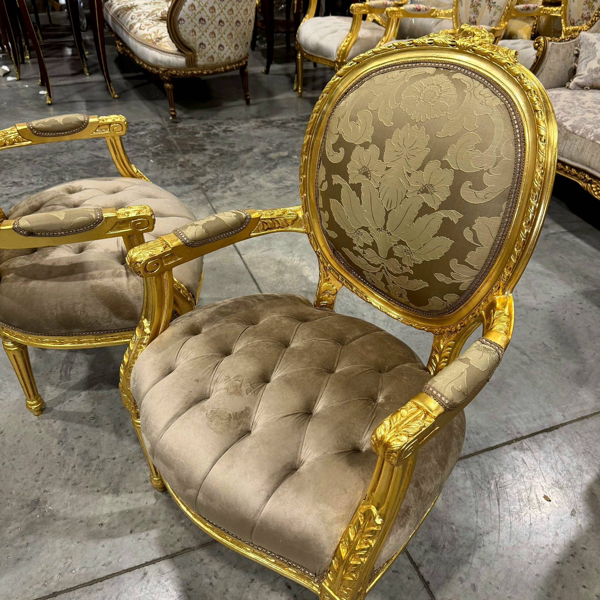 French Style Light Borwn Velvet Chair with Gold Details Rococo Baroque