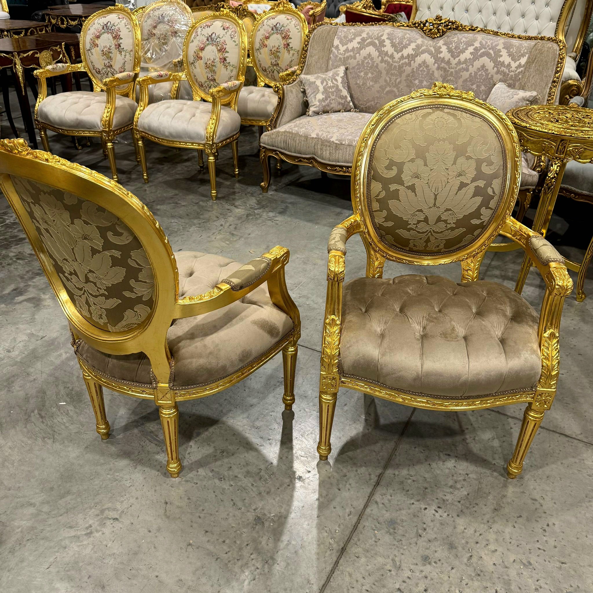French Style Light Borwn Velvet Chair with Gold Details Rococo Baroque