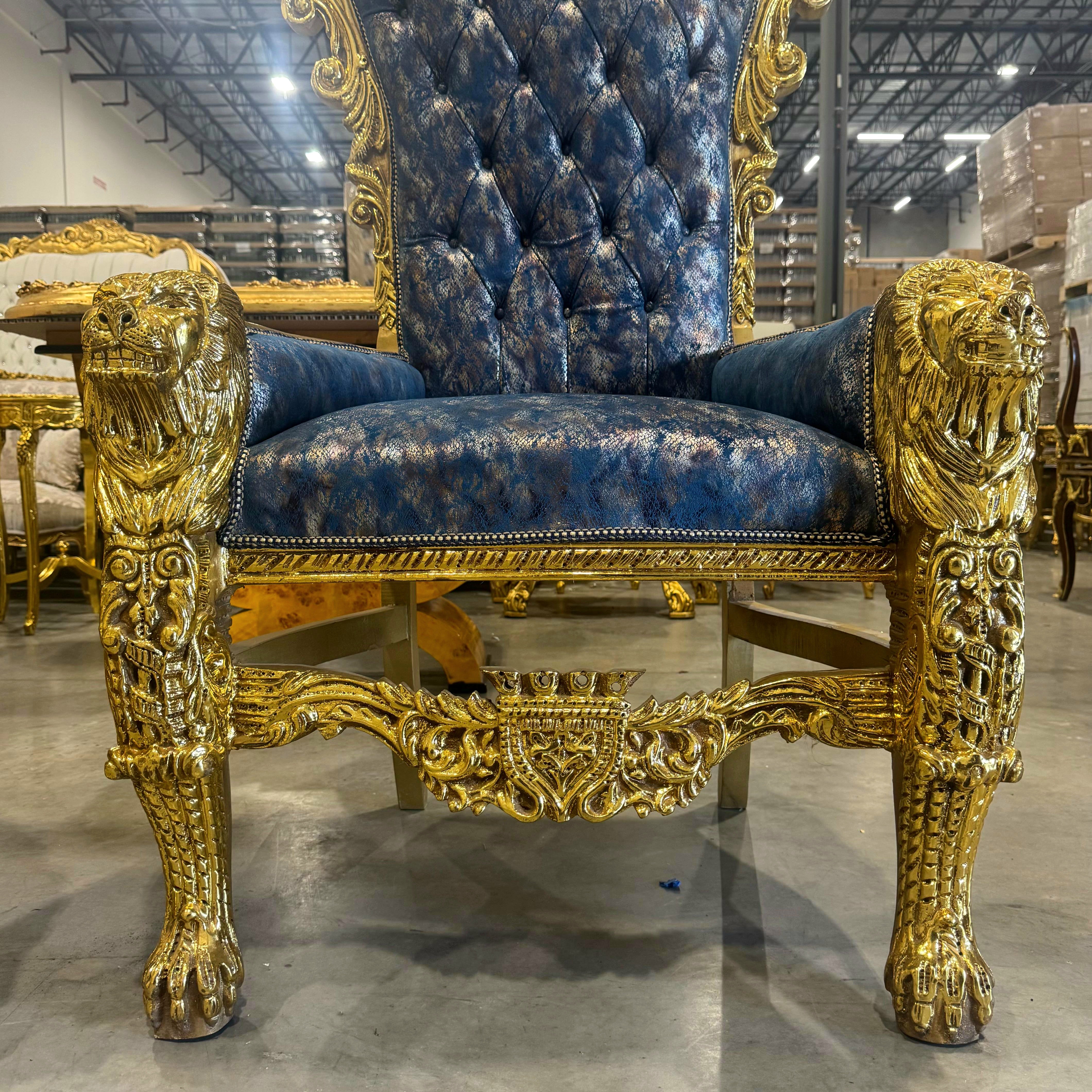 French Medieval Style King Throne Chair with Gold Leaf Details