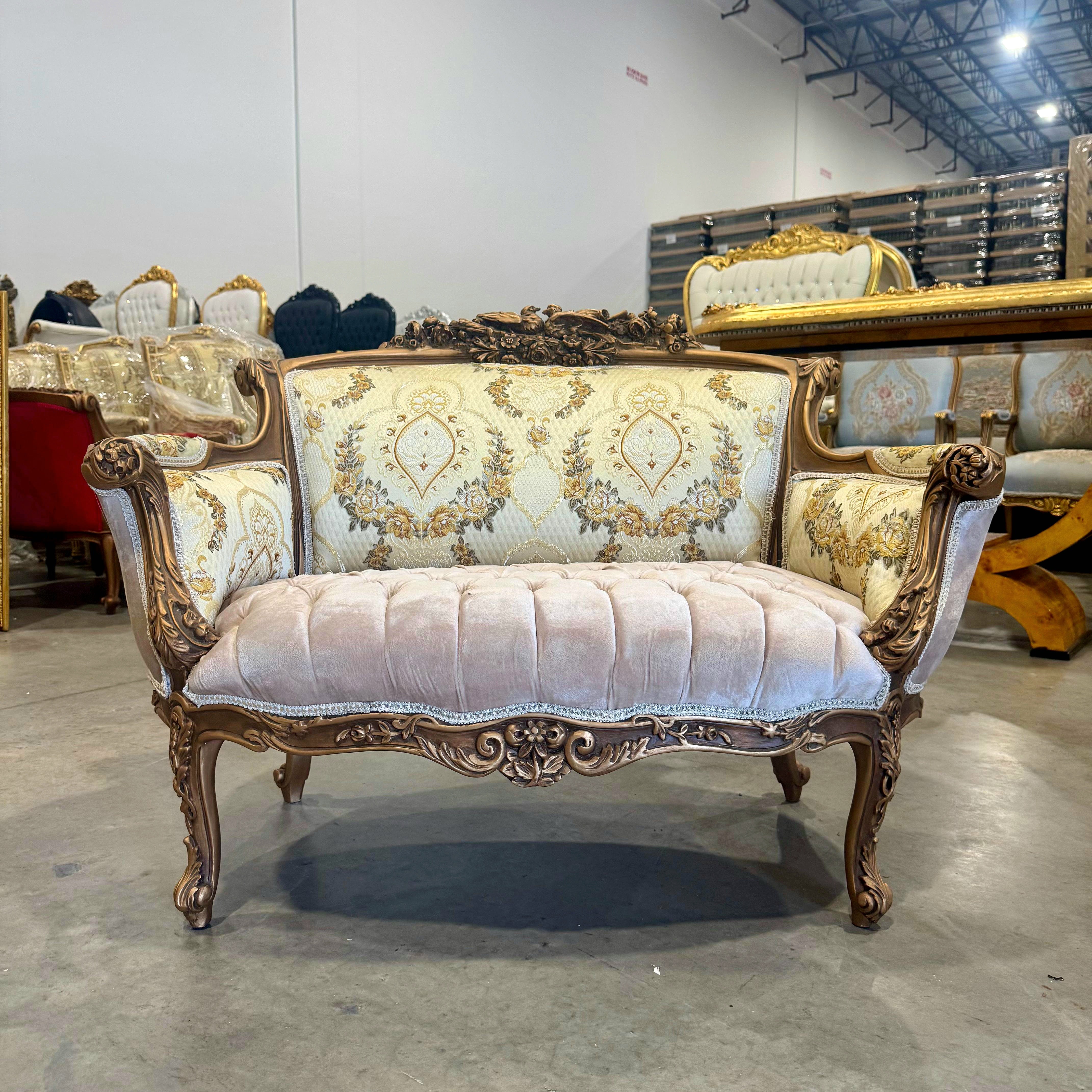 French Sofa Beige White Upholstery & Ornate Carvings Baroque Style