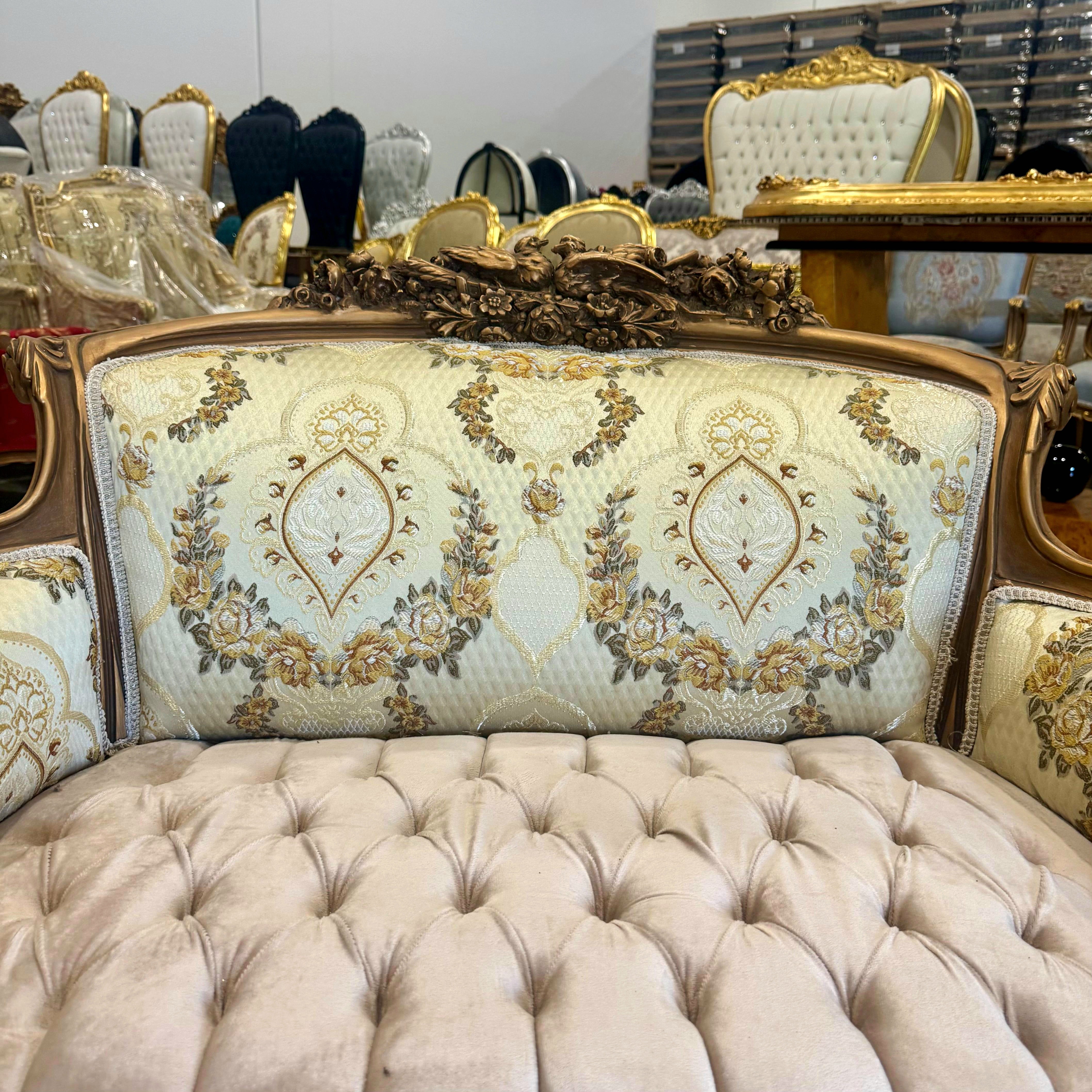 French Sofa Beige White Upholstery & Ornate Carvings Baroque Style