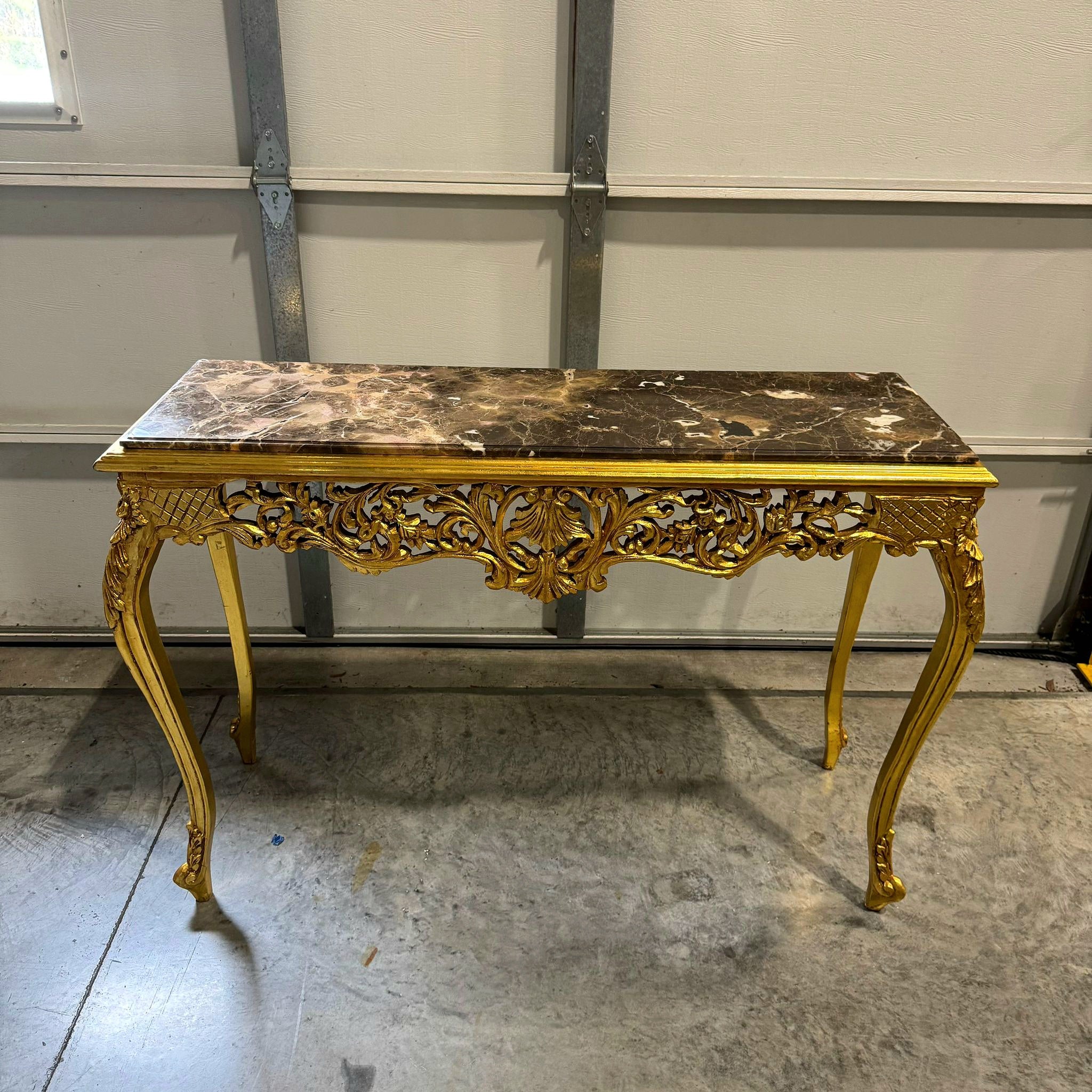 Luxury Baroque Console Table – Gold Leaf Finish with Carvings & Marble Top