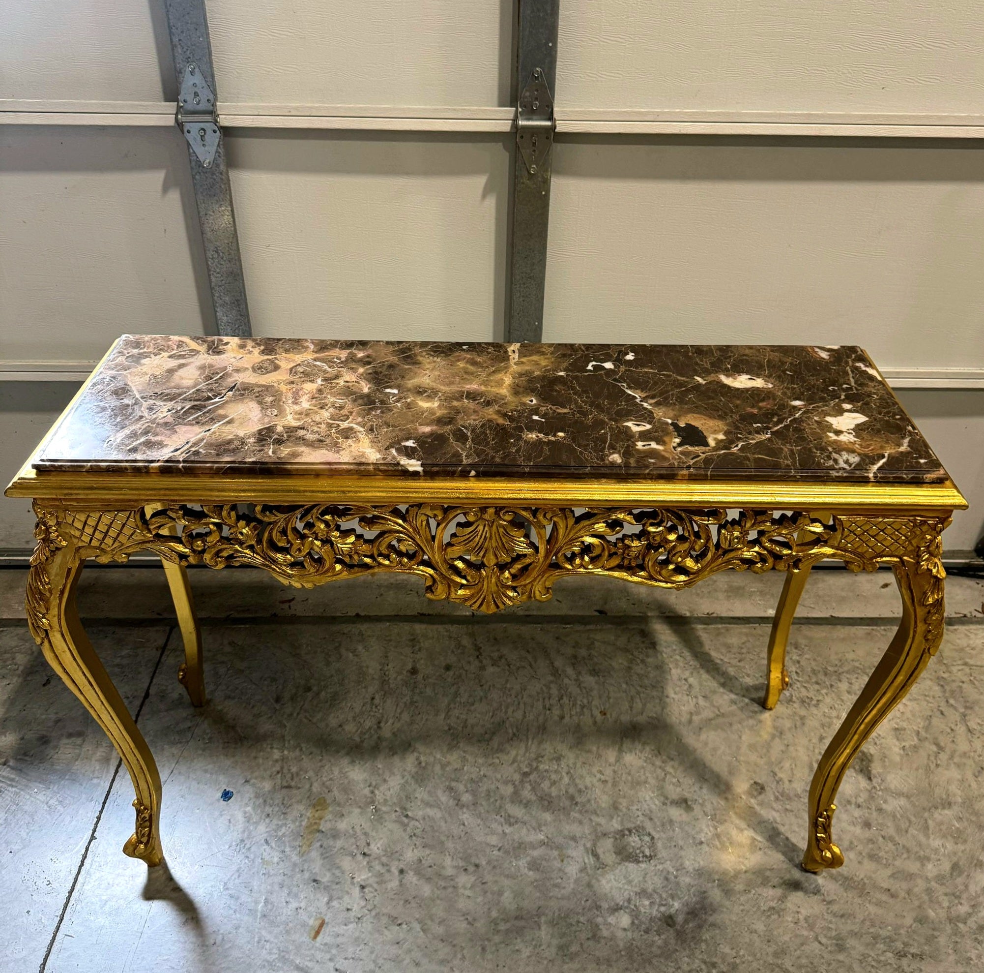Luxury Baroque Console Table – Gold Leaf Finish with Carvings & Marble Top