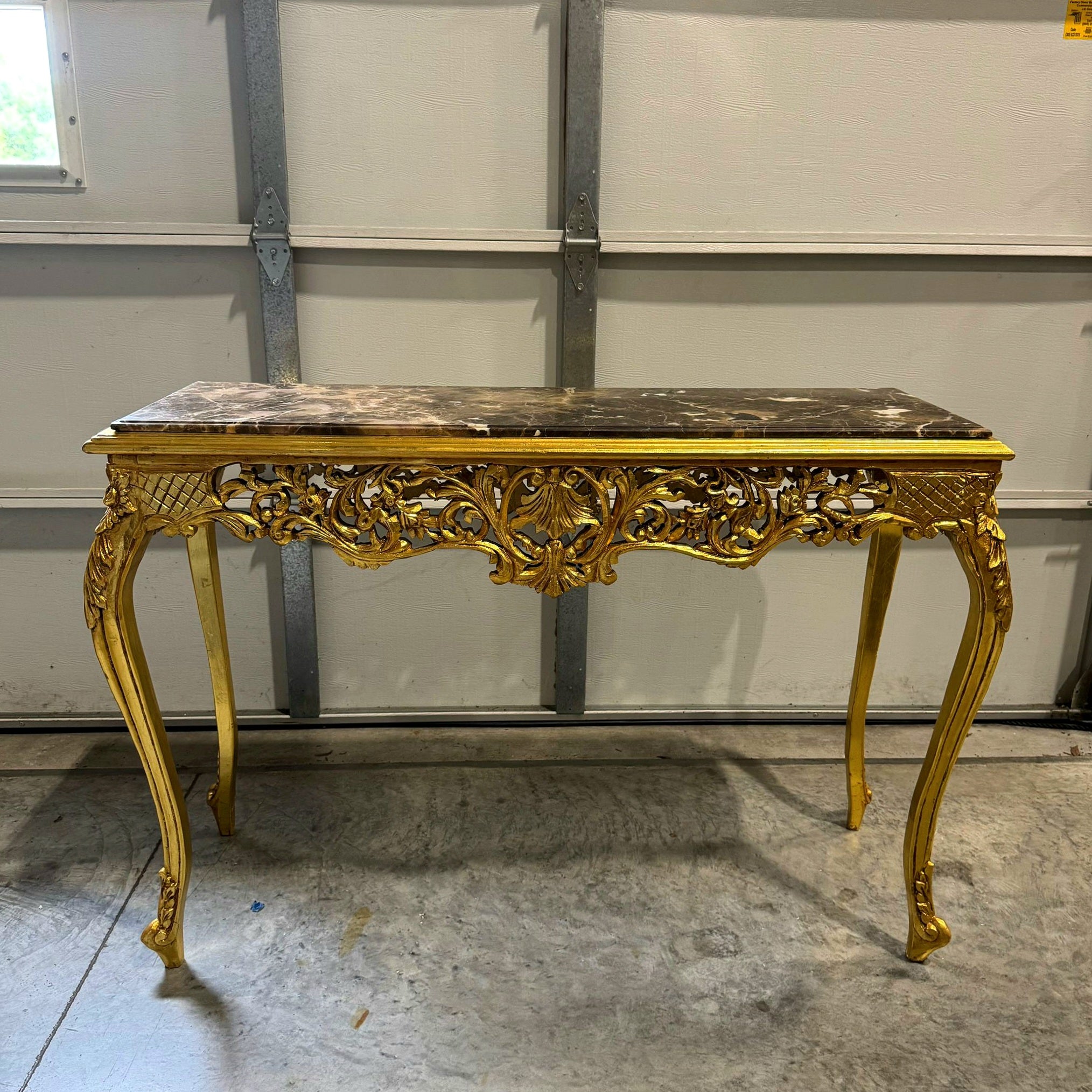 Luxury Baroque Console Table – Gold Leaf Finish with Carvings & Marble Top