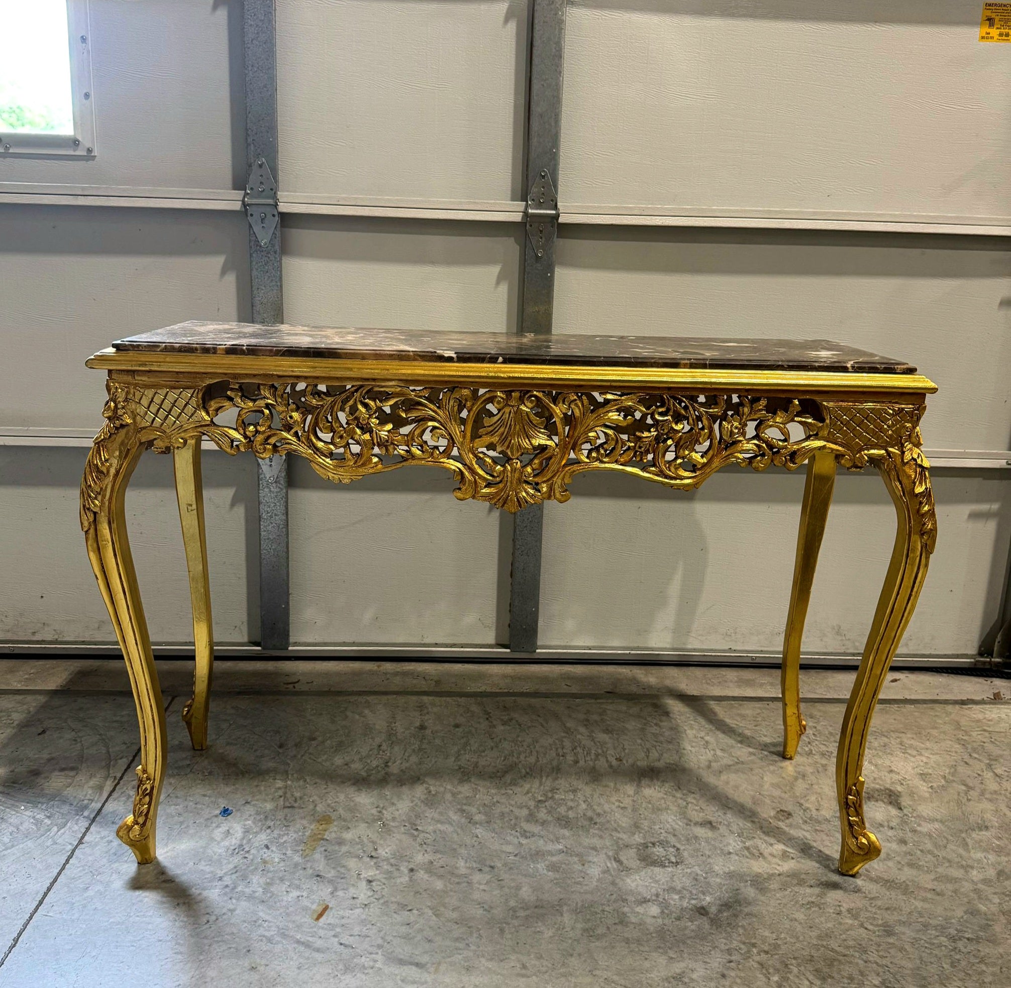 Luxury Baroque Console Table – Gold Leaf Finish with Carvings & Marble Top