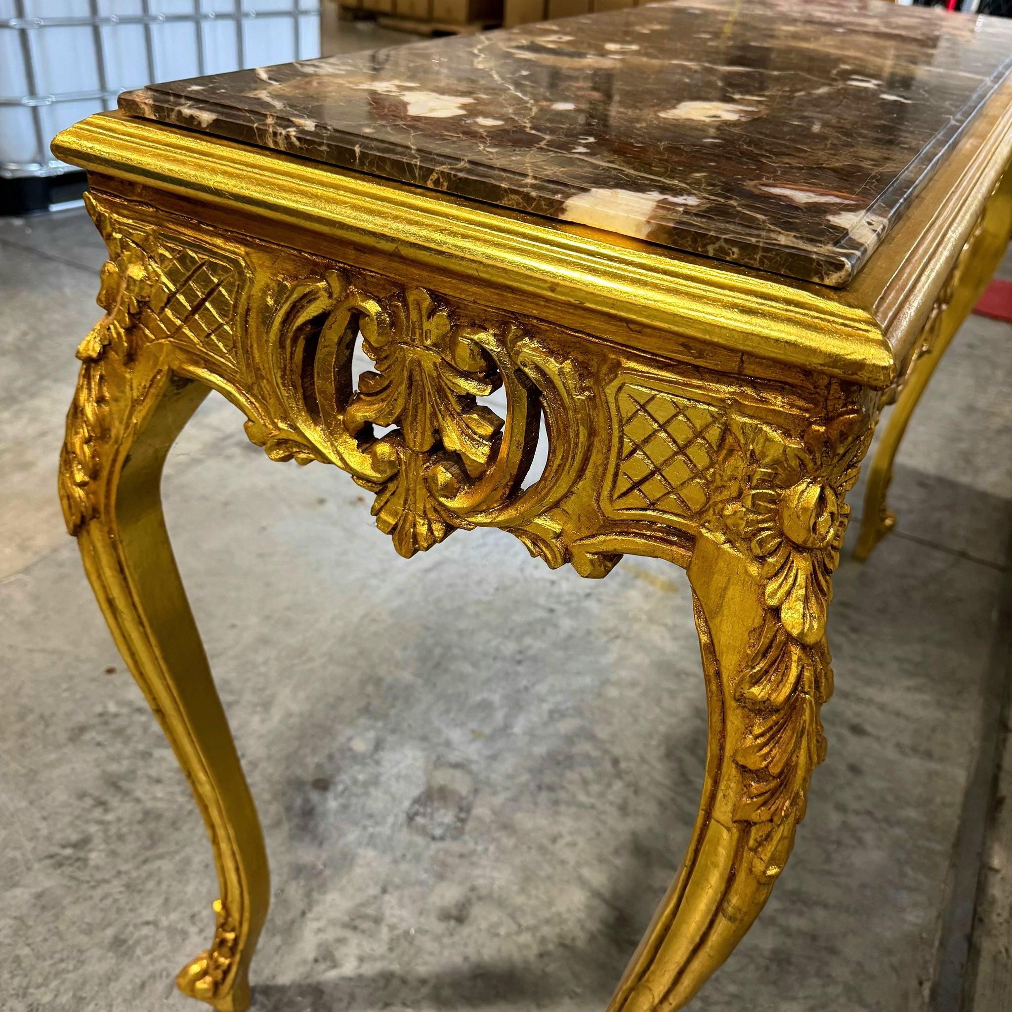 Luxury Baroque Console Table – Gold Leaf Finish with Carvings & Marble Top