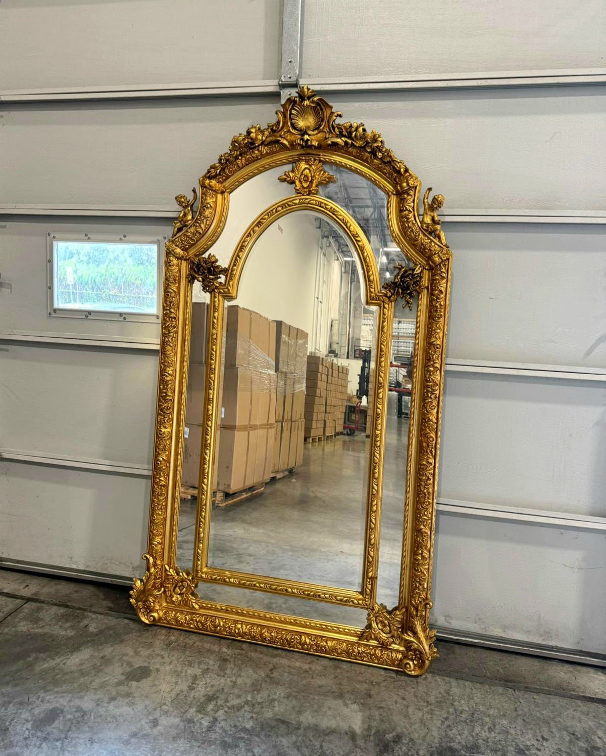 Baroque Rococo Floor Mirror – Gold Leaf Finish, Angels Carved on Both Sides