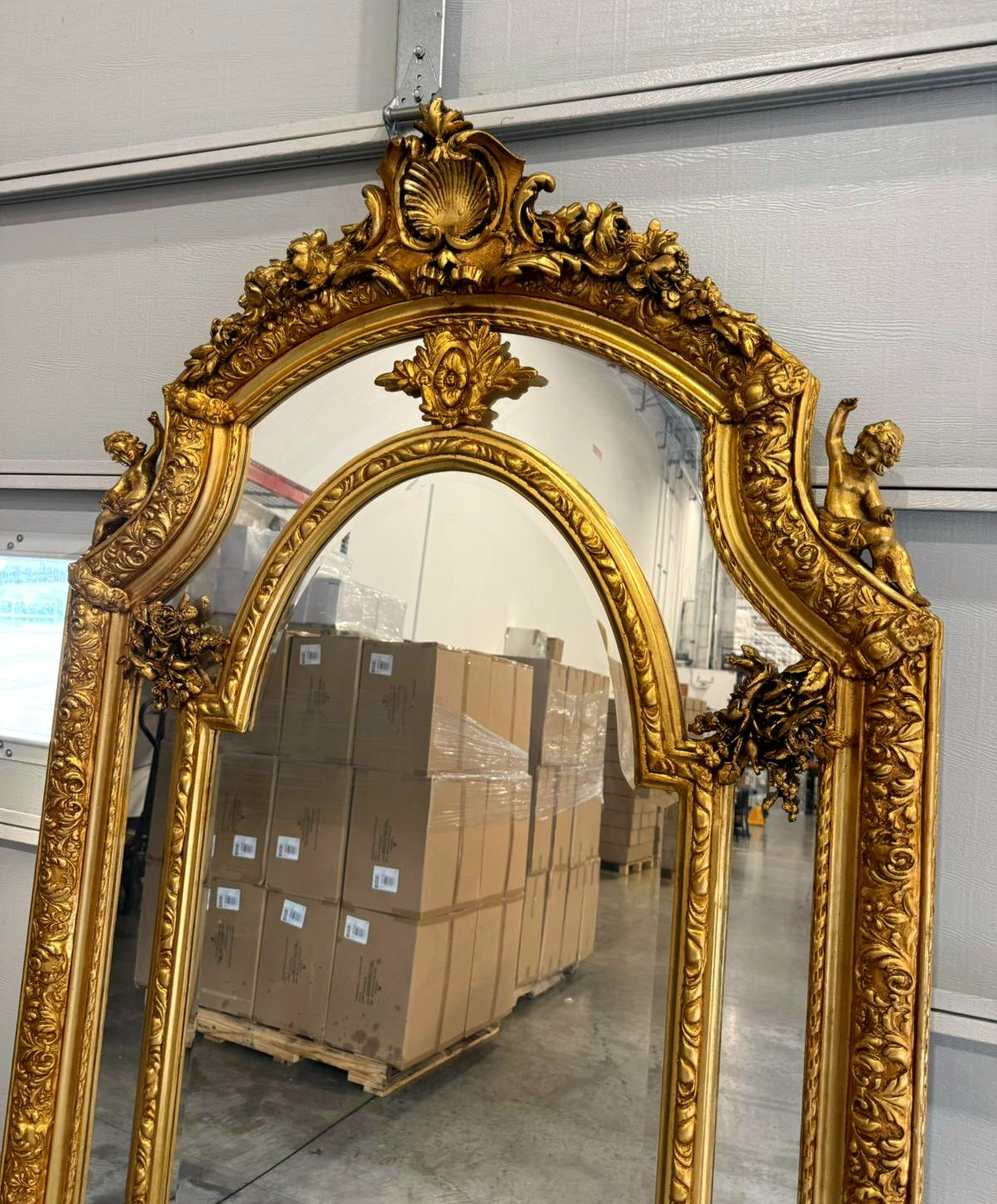 Baroque Rococo Floor Mirror – Gold Leaf Finish, Angels Carved on Both Sides
