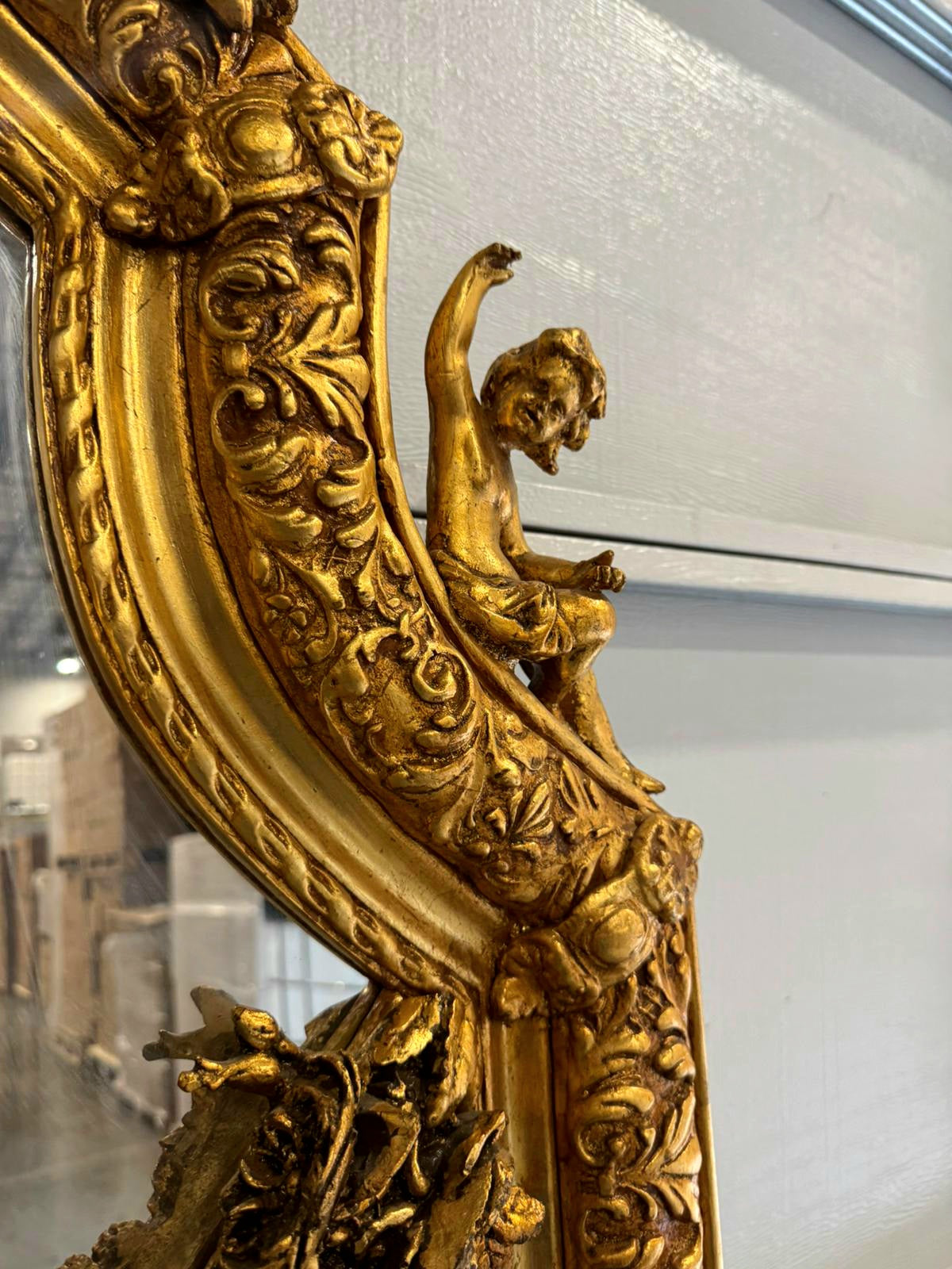 Baroque Rococo Floor Mirror – Gold Leaf Finish, Angels Carved on Both Sides