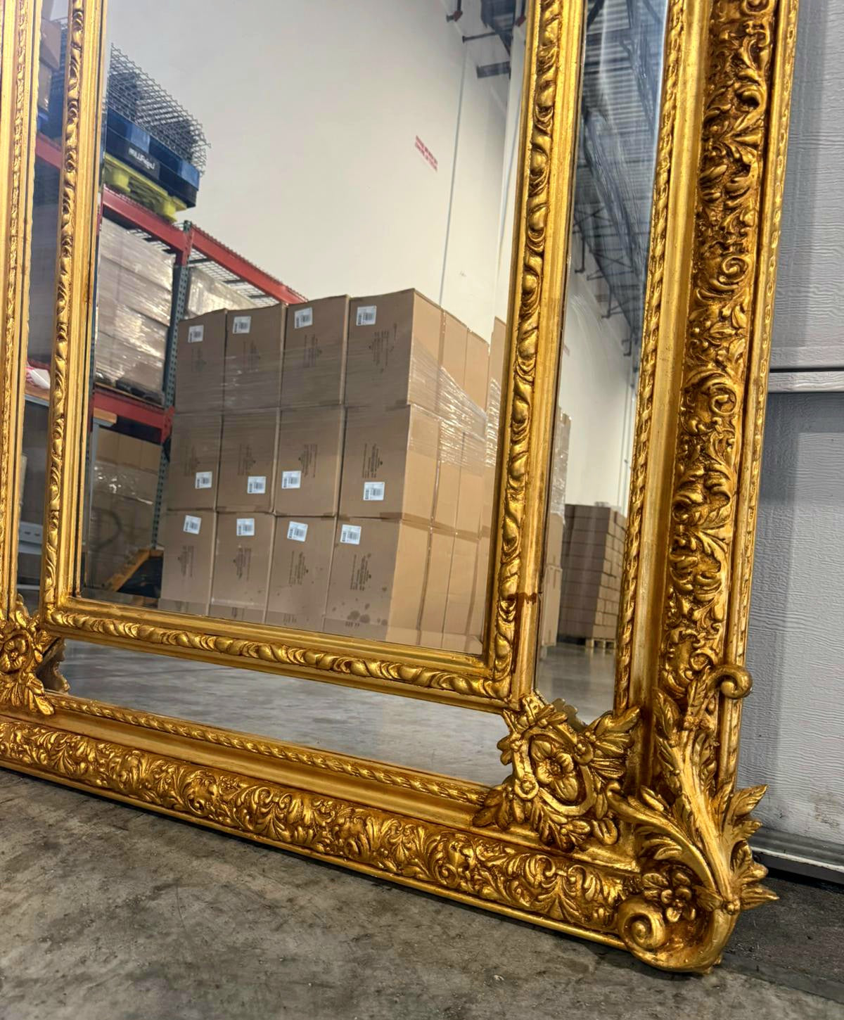 Baroque Rococo Floor Mirror – Gold Leaf Finish, Angels Carved on Both Sides