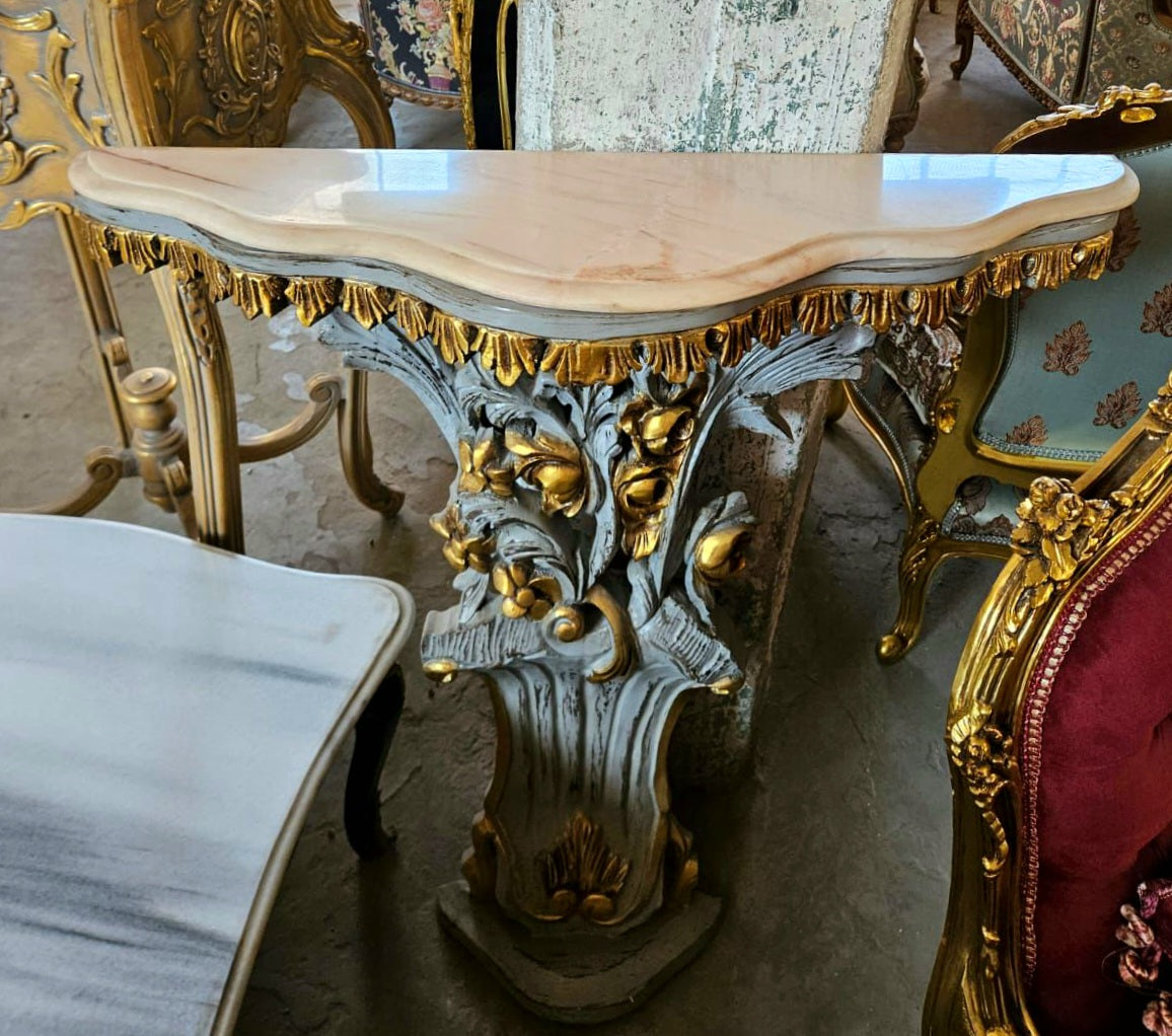 Rococo Style Console Table – Gray Finish with Marble Top, 35.5"H x 64.5"W x 22"D