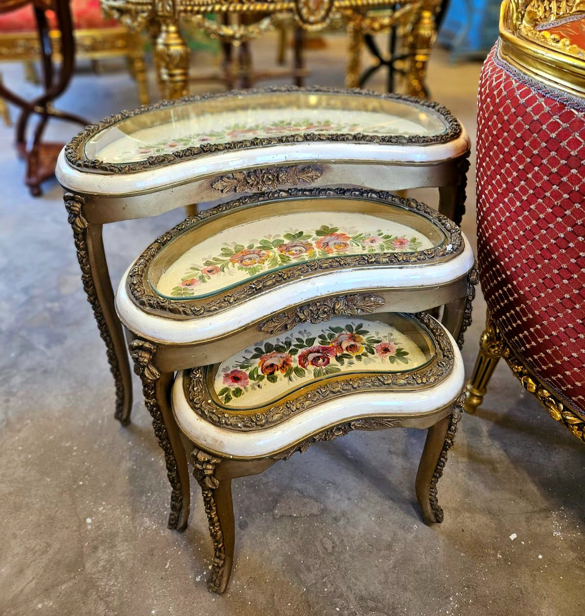 French Floral Nesting Tables Set of 3 with Glass Top & Gold Leaf Accents