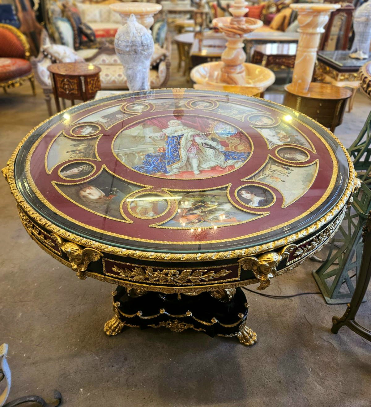 Grand French Rococo Round Dining Table with Gold Leaf & Bronze Details