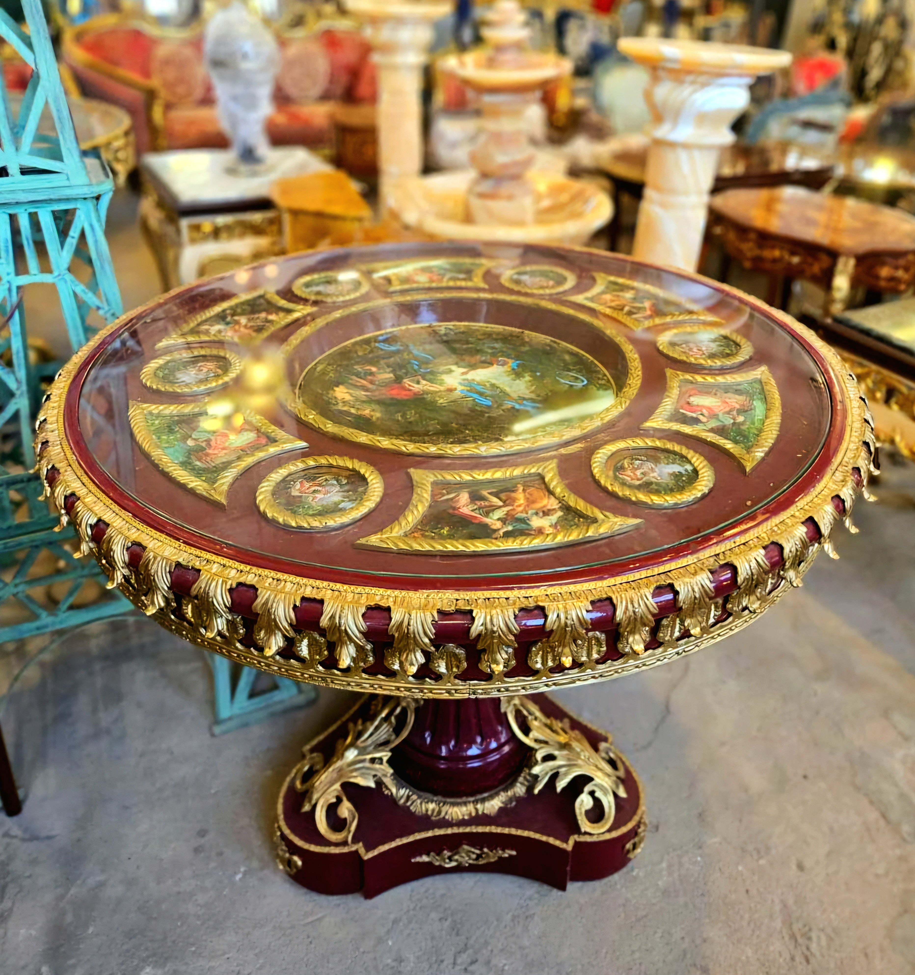French Rococo Style Brown Dining Table Round Pedestal Refinished With Bronze