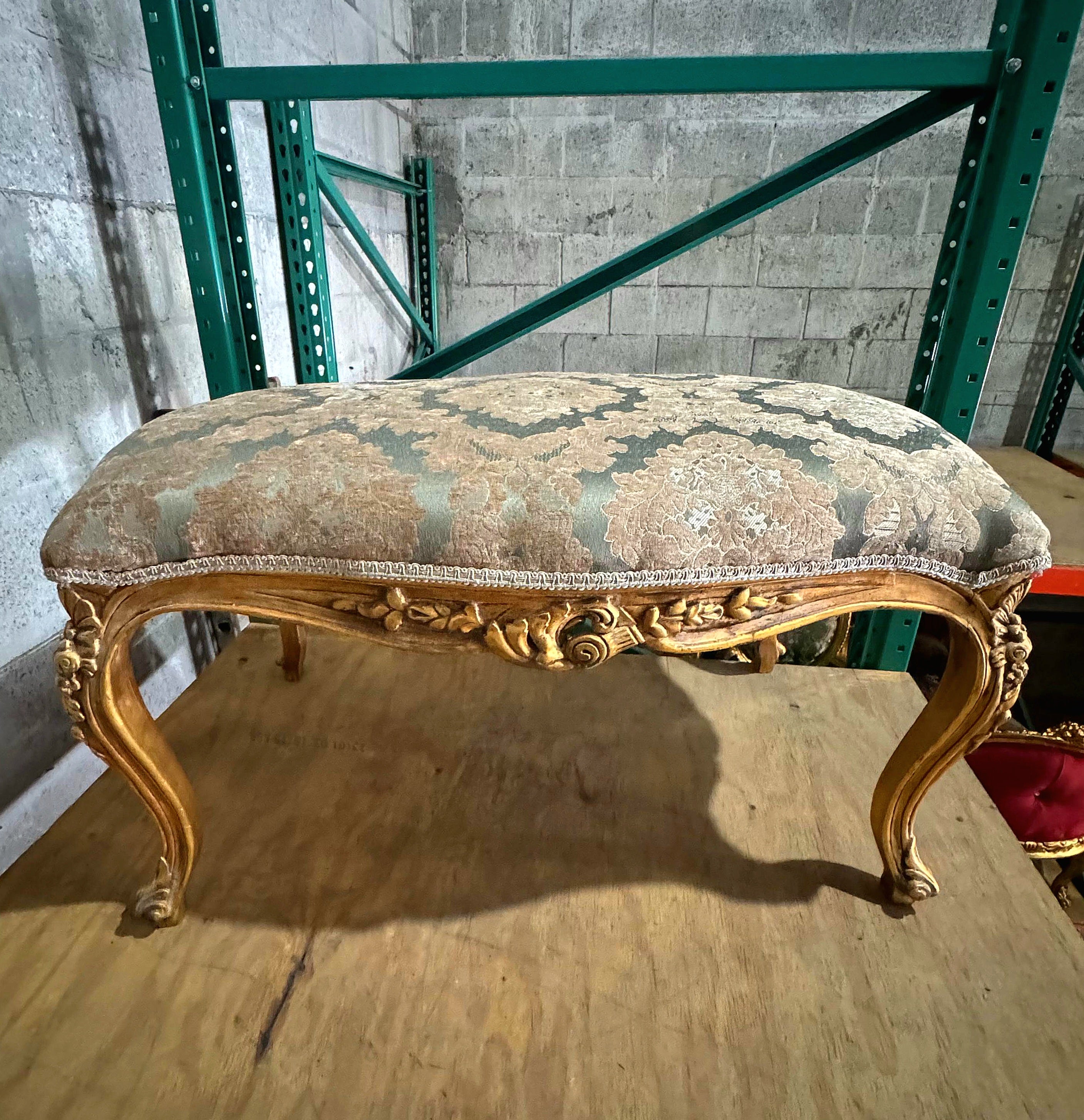 Luxury French Style Gold Leaf Bench – Tufted Damask Upholstery | Elegant Handmade Furniture