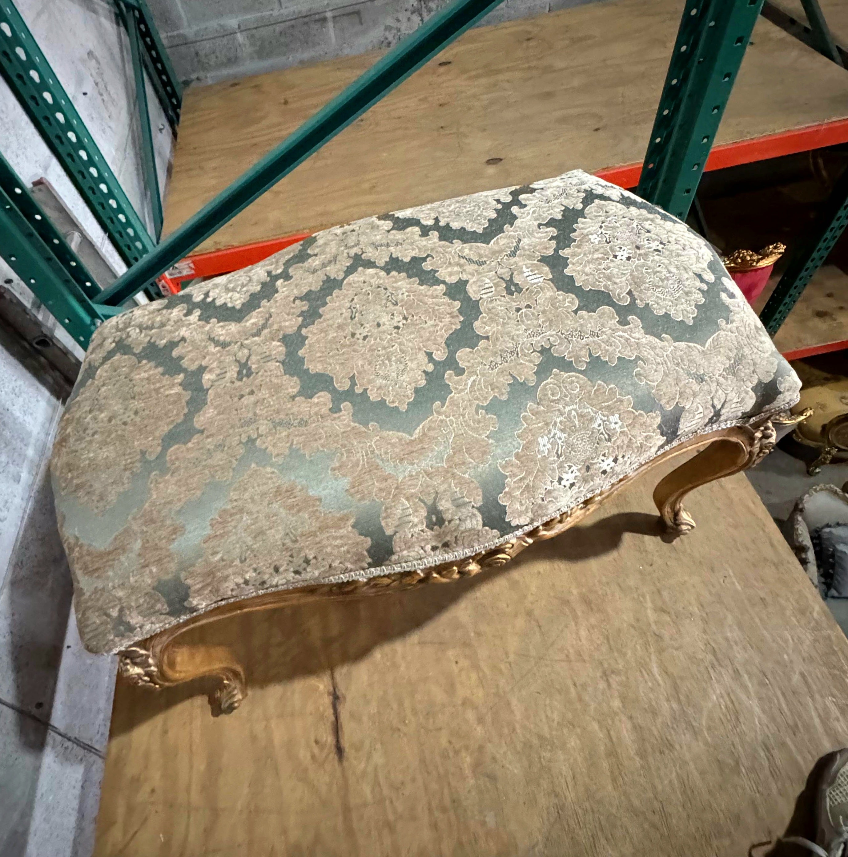 Luxury French Style Gold Leaf Bench – Tufted Damask Upholstery | Elegant Handmade Furniture