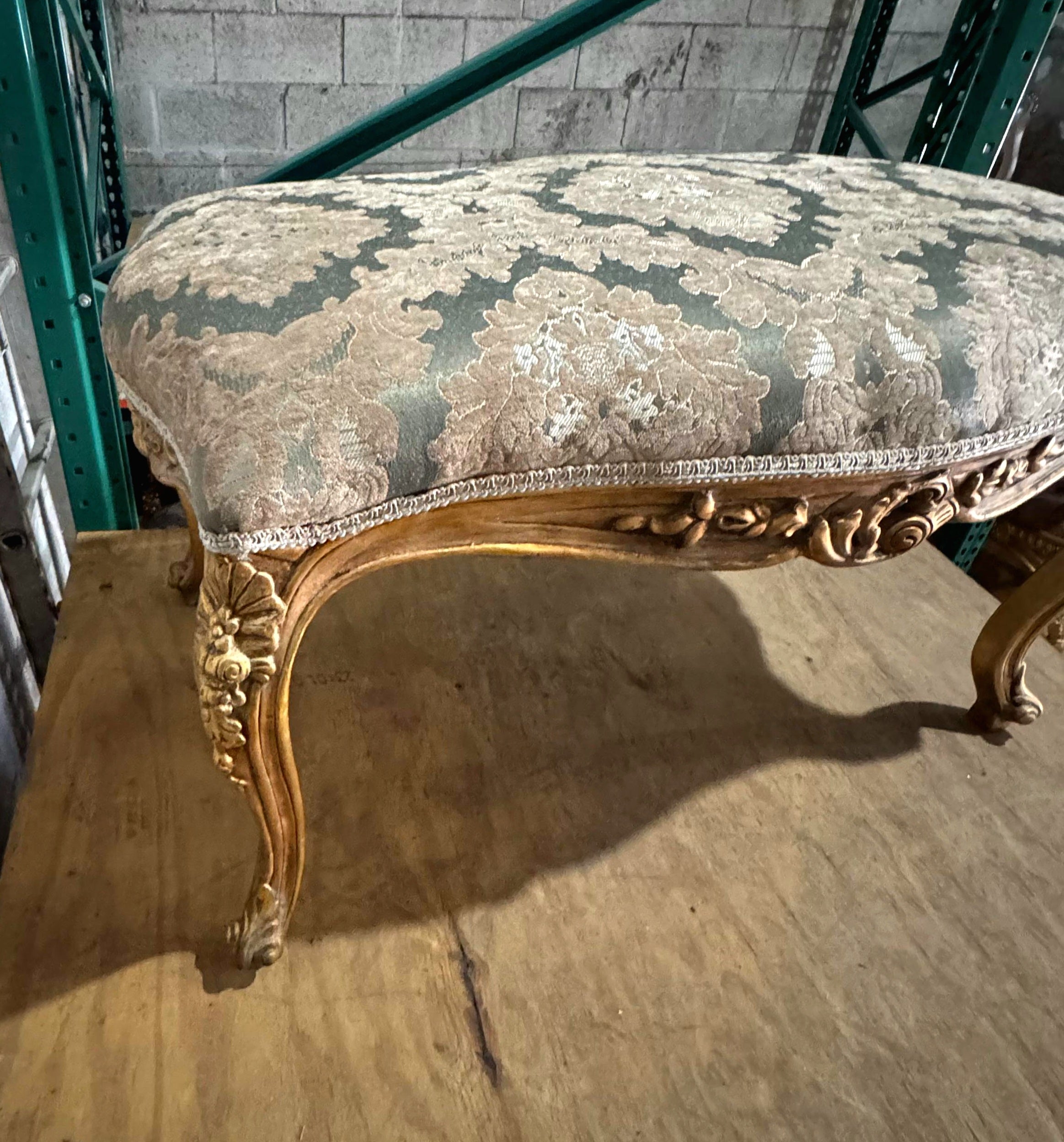 Luxury French Style Gold Leaf Bench – Tufted Damask Upholstery | Elegant Handmade Furniture