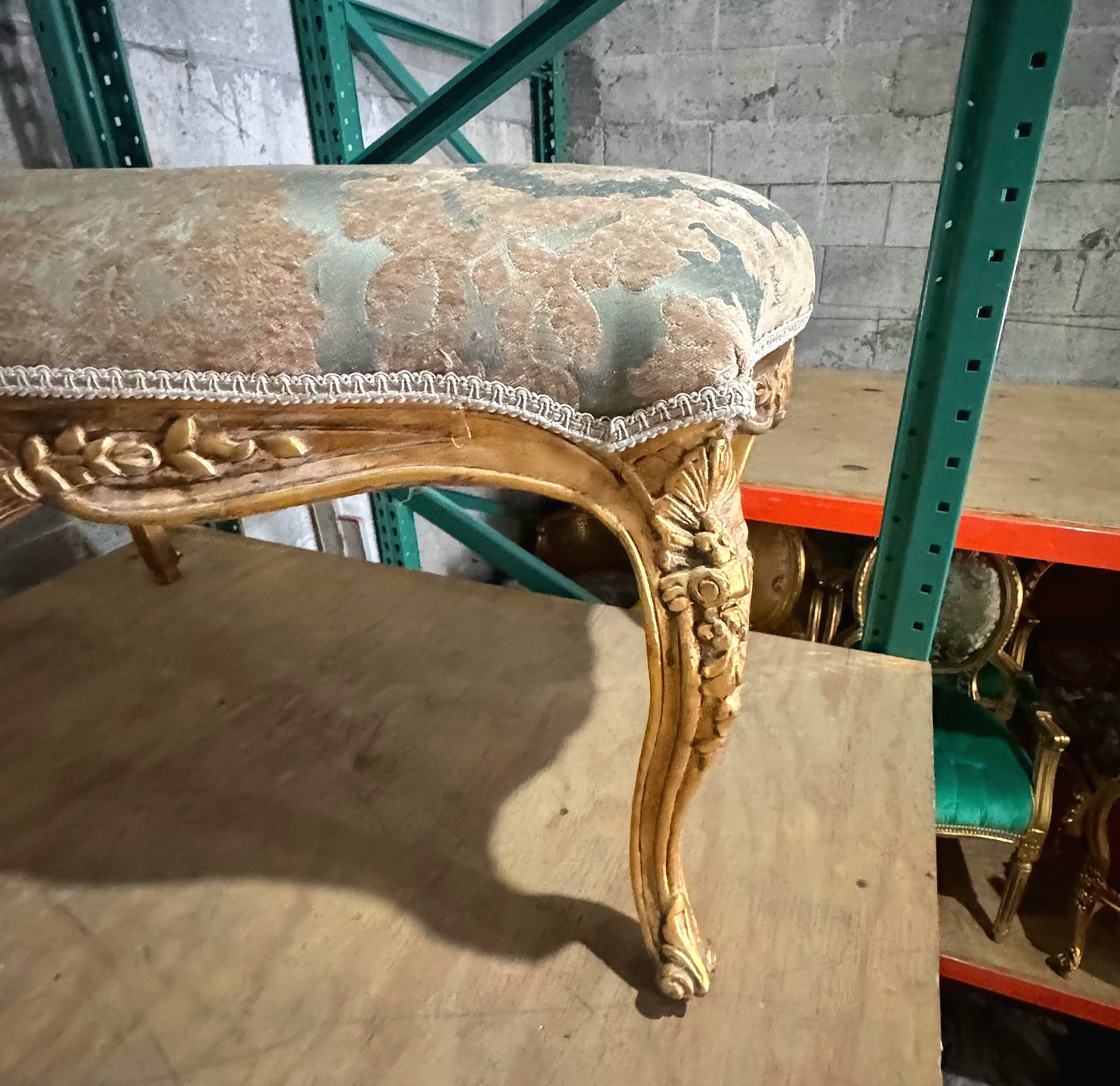 Luxury French Style Gold Leaf Bench – Tufted Damask Upholstery | Elegant Handmade Furniture