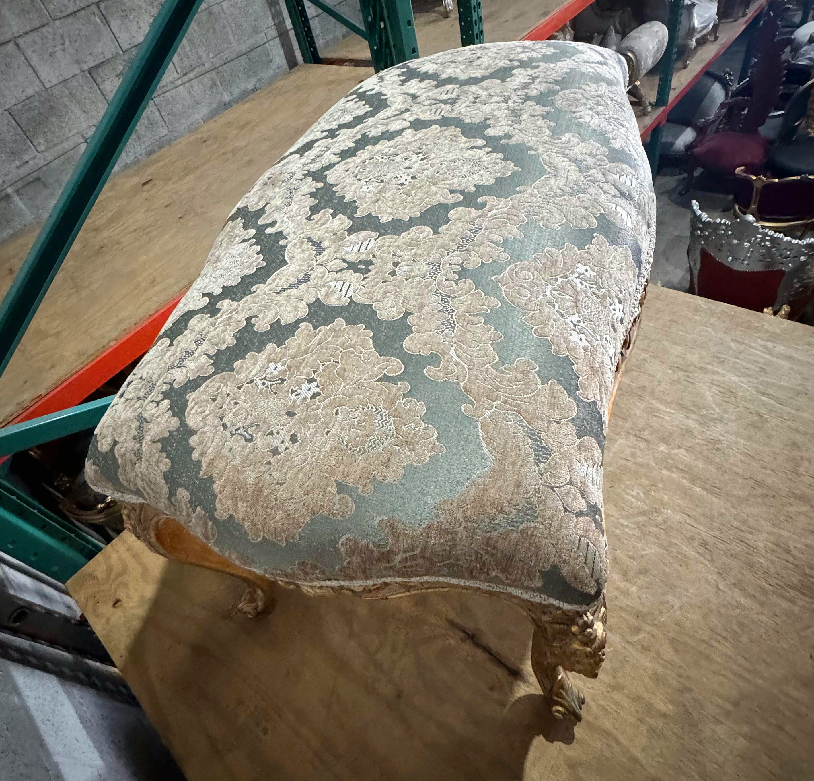 Luxury French Style Gold Leaf Bench – Tufted Damask Upholstery | Elegant Handmade Furniture