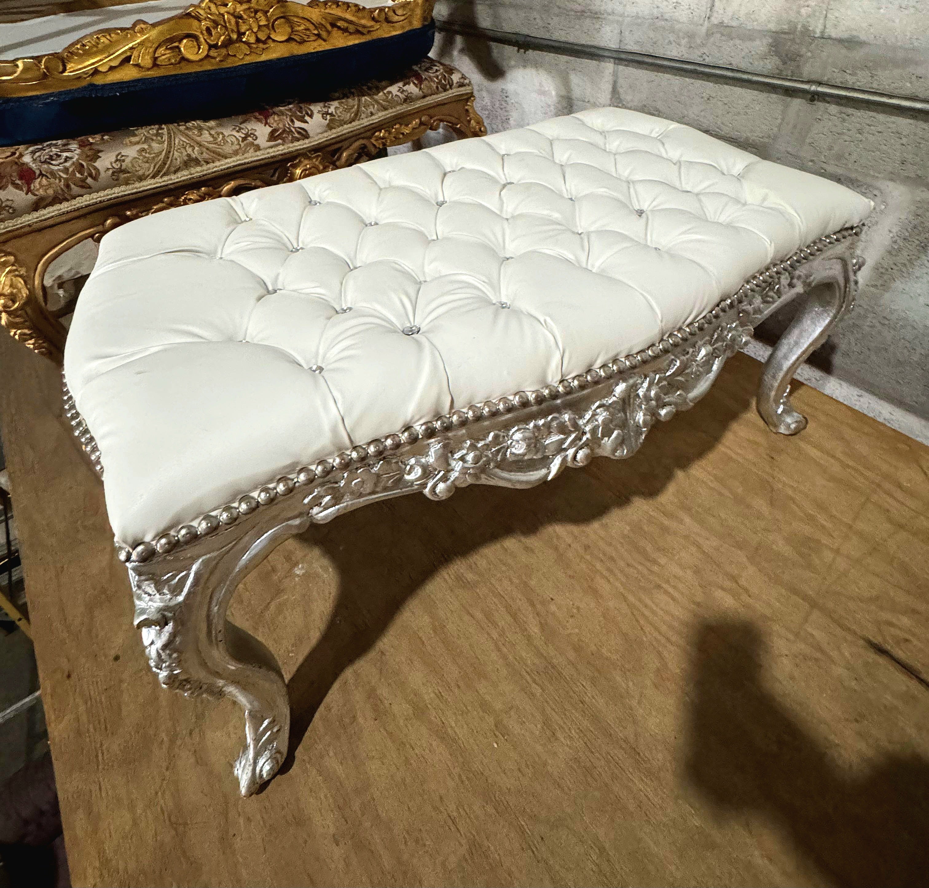 Luxury French Style Silver Leaf Bench – Tufted Designer Upholstery | Elegant Handmade Furniture
