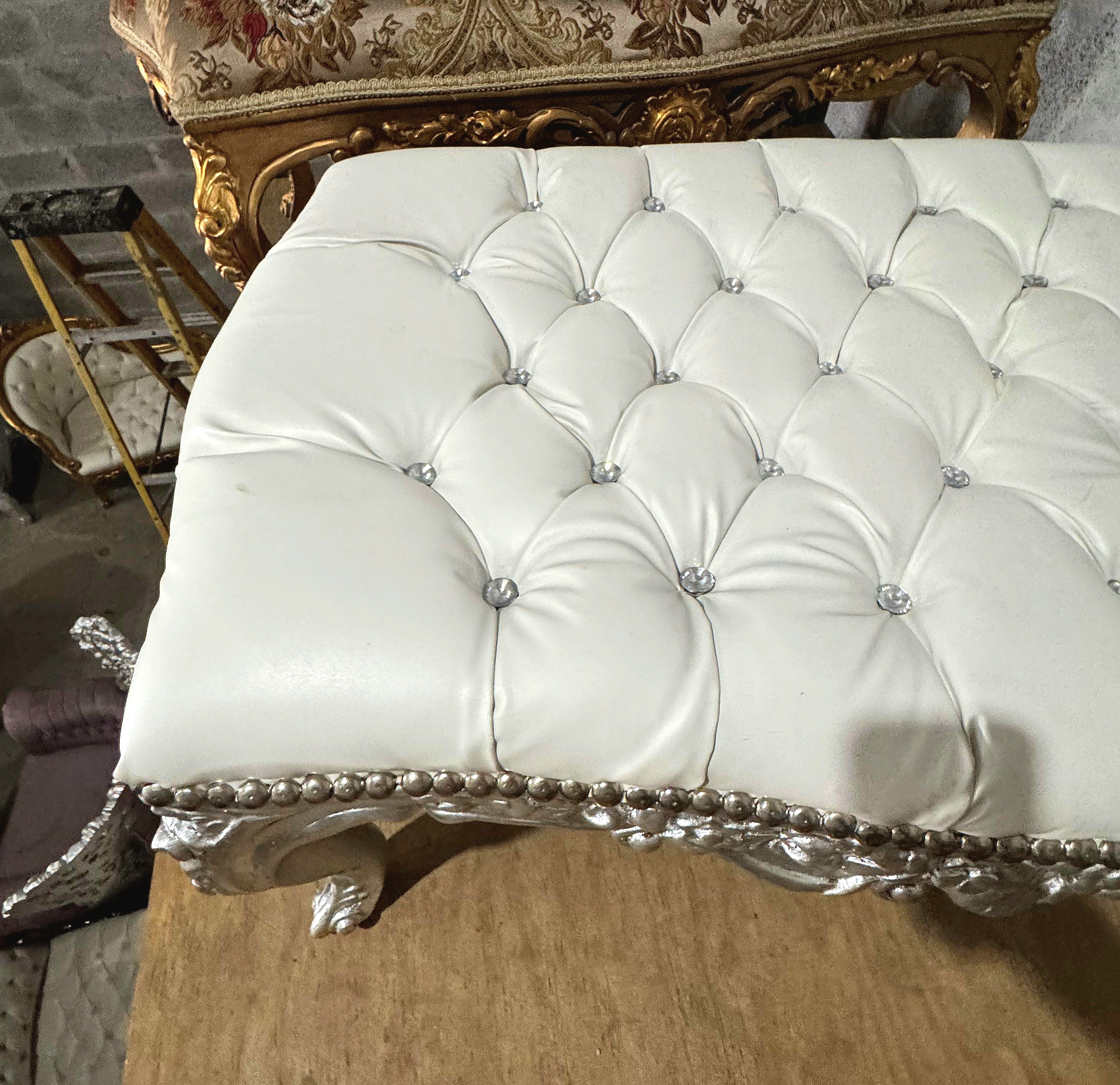 Luxury French Style Silver Leaf Bench – Tufted Designer Upholstery | Elegant Handmade Furniture