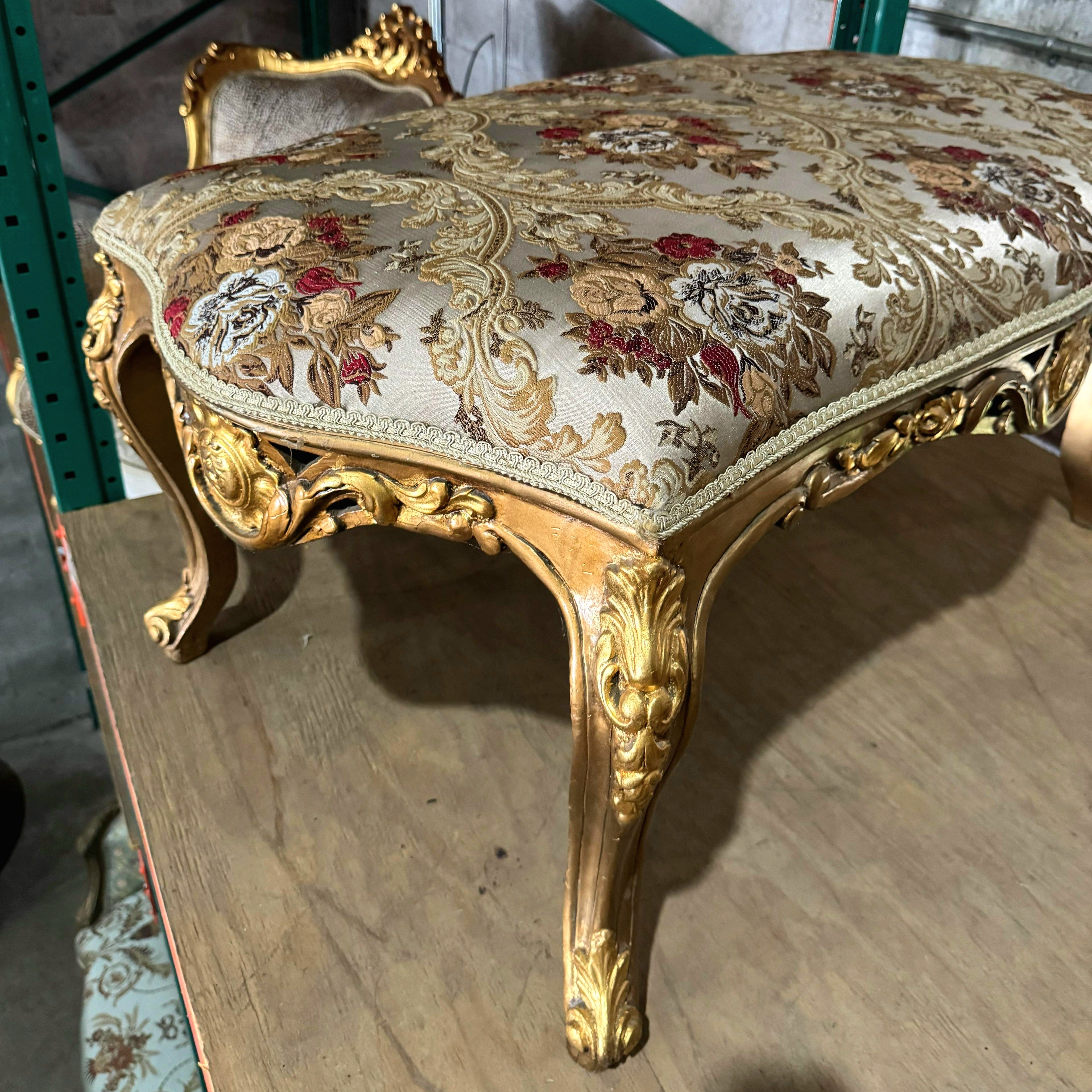 Romantic French Style Gold Leaf Bench – Tufted Damask Upholstery