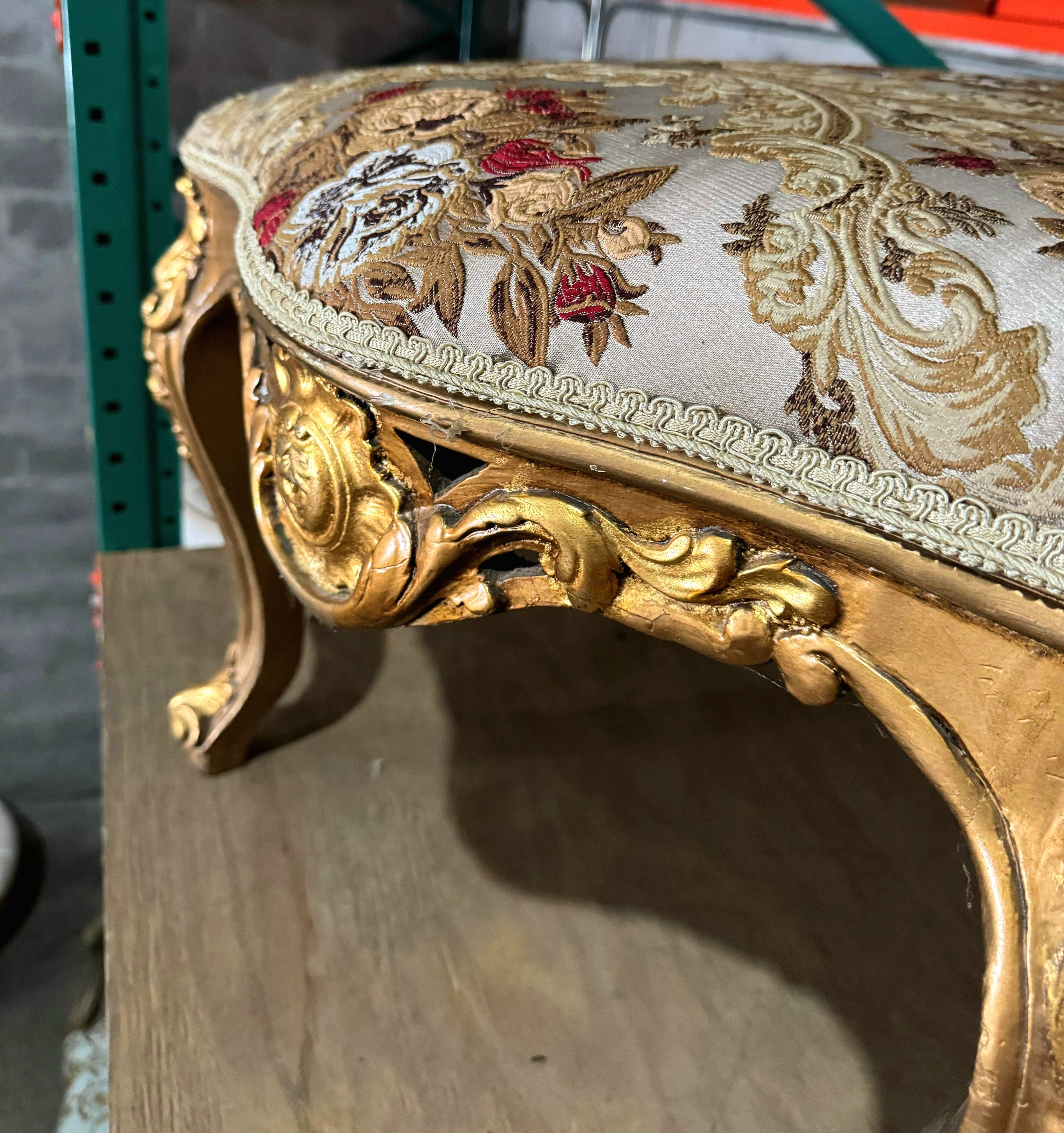 Romantic French Style Gold Leaf Bench – Tufted Damask Upholstery