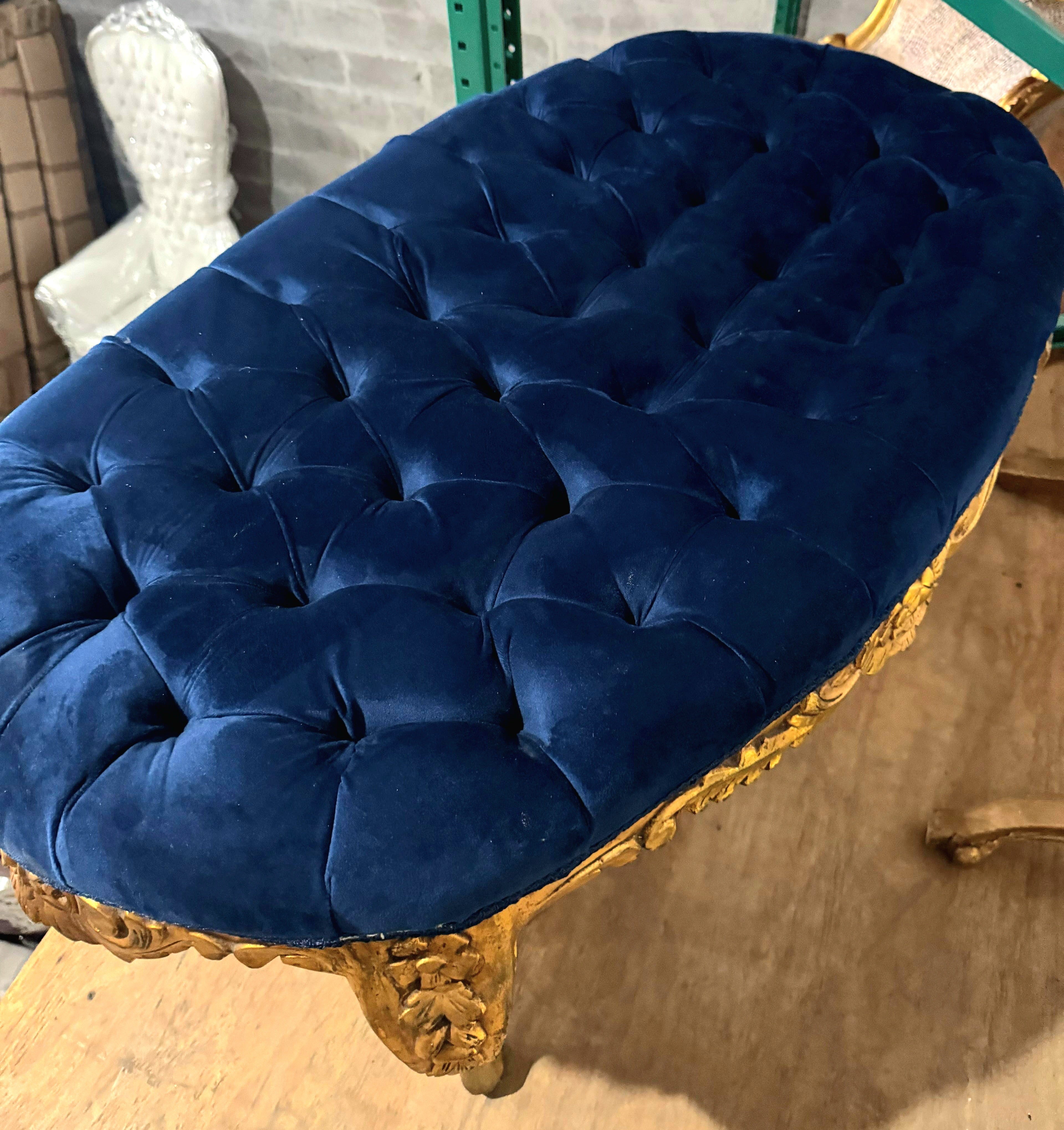 Late 20th Century French Style Gold Leaf Bench – Tufted Blue Velvet Upholstery