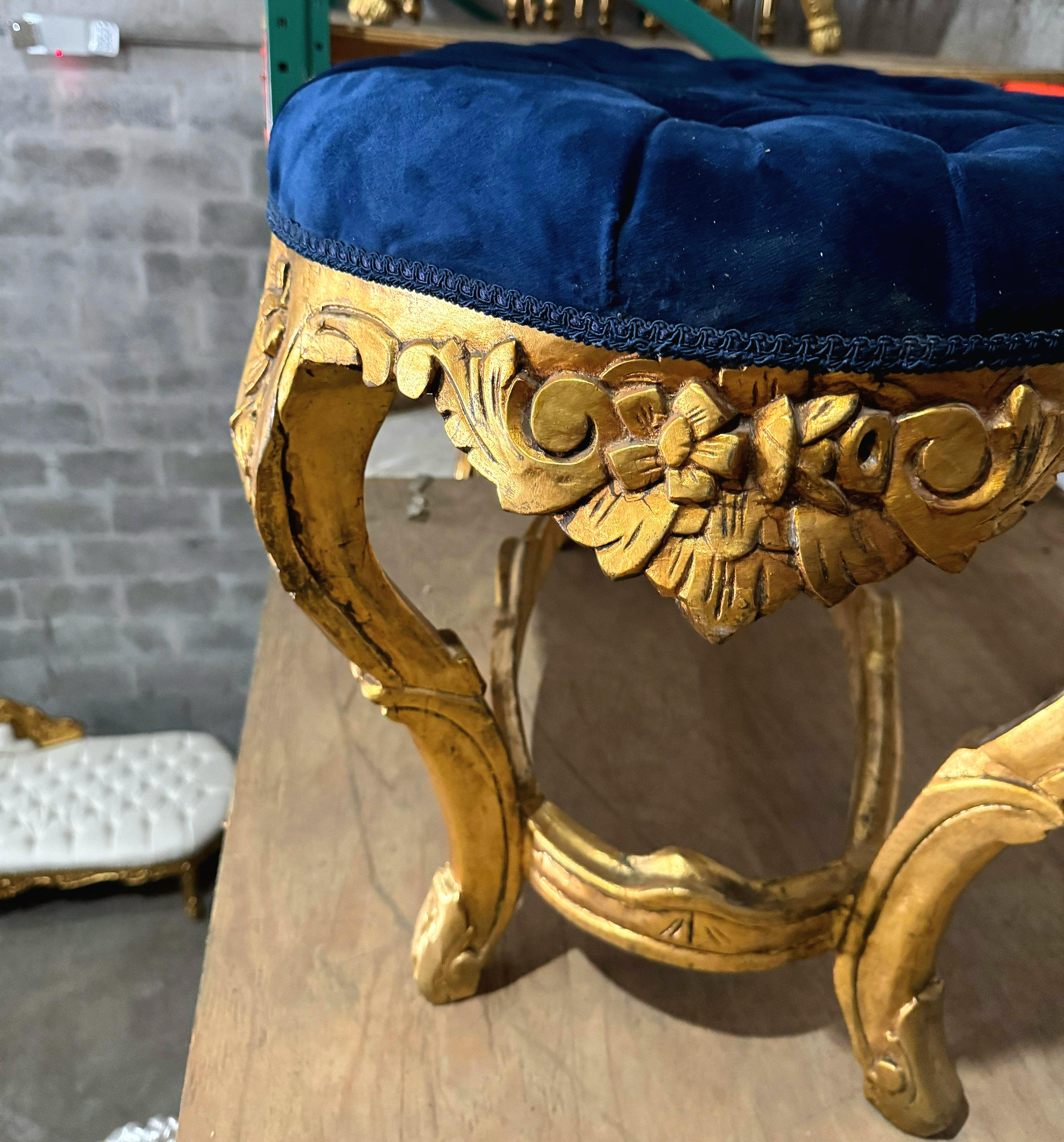 Late 20th Century French Style Gold Leaf Bench – Tufted Blue Velvet Upholstery