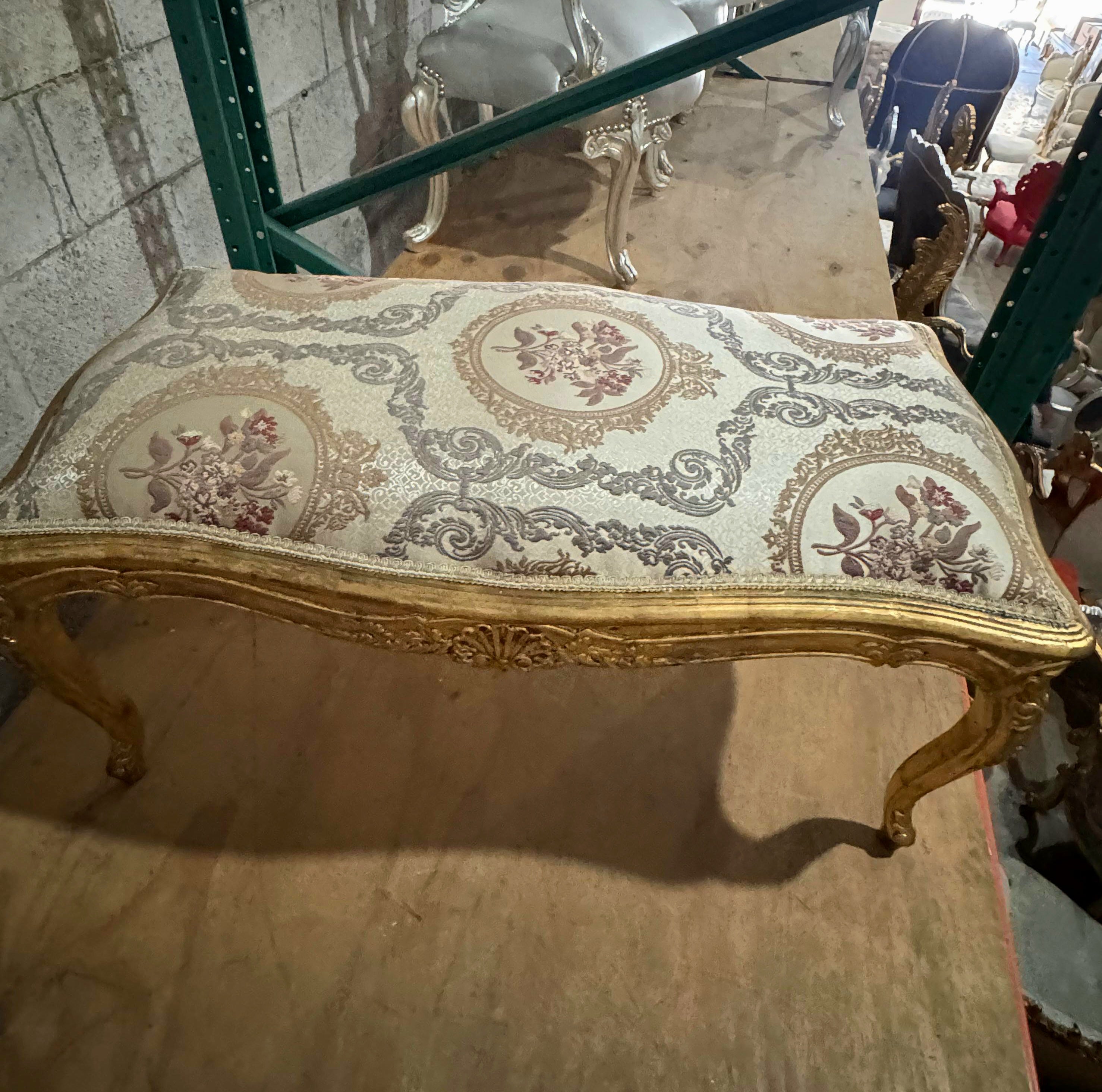 Luxury French Style Gold Leaf Bench – Tufted Damask Upholstery | Elegant Handmade Furniture