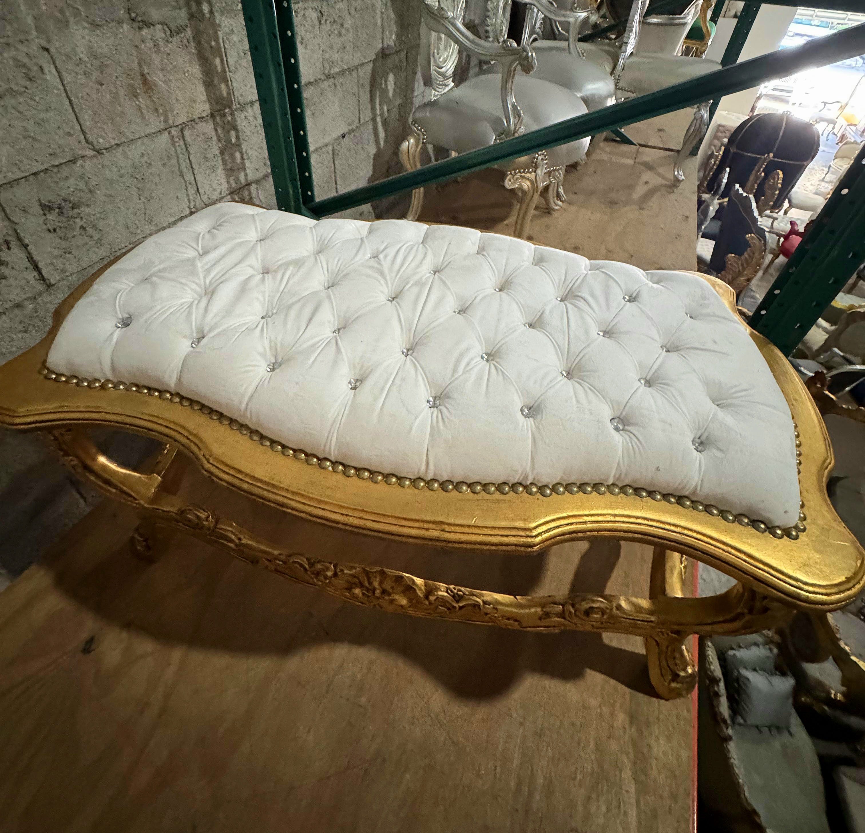 French Rococo Tufted Bench with Gold Leaf Frame & Crystal Button Details