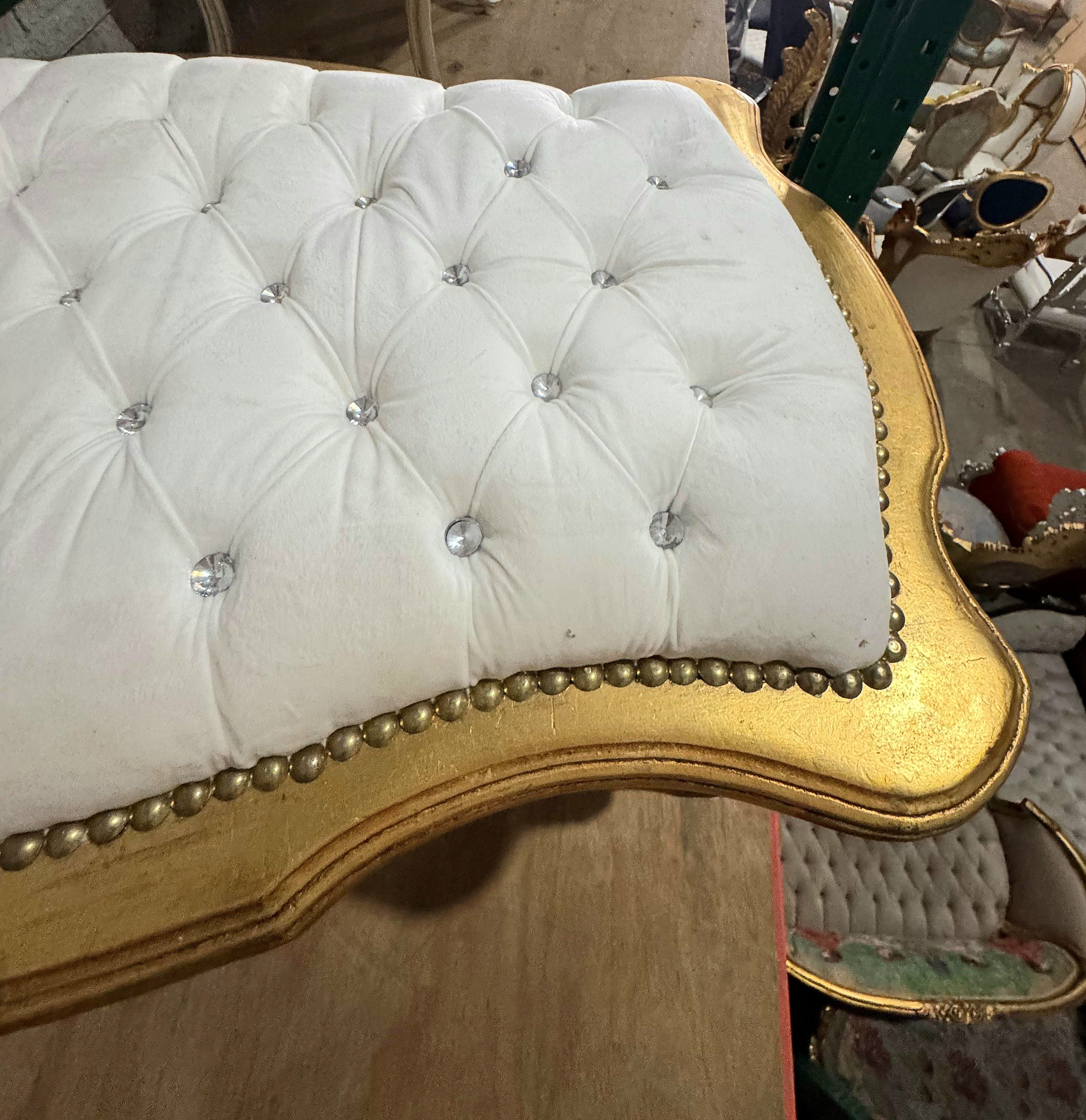 French Rococo Tufted Bench with Gold Leaf Frame & Crystal Button Details