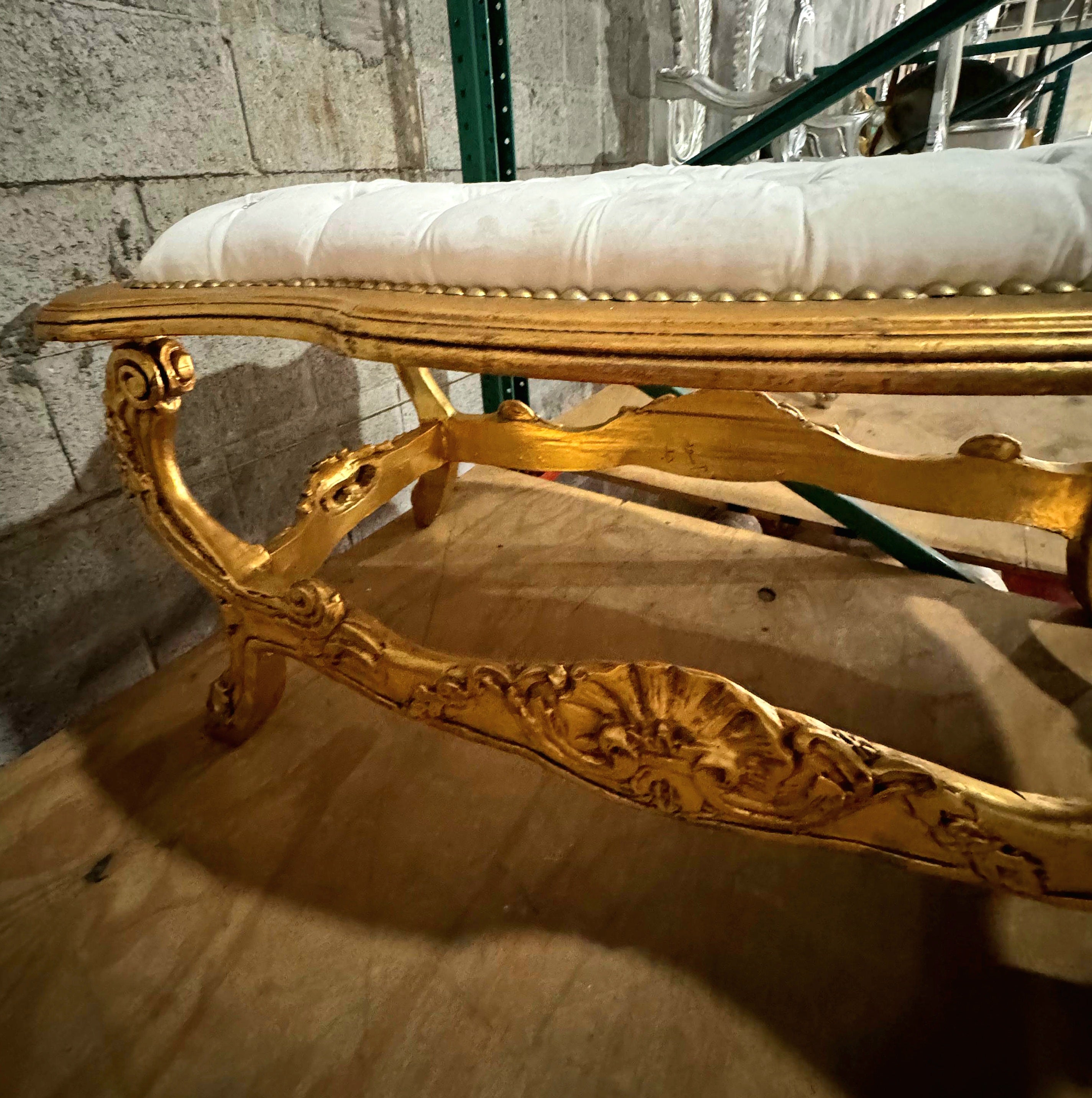 French Rococo Tufted Bench with Gold Leaf Frame & Crystal Button Details
