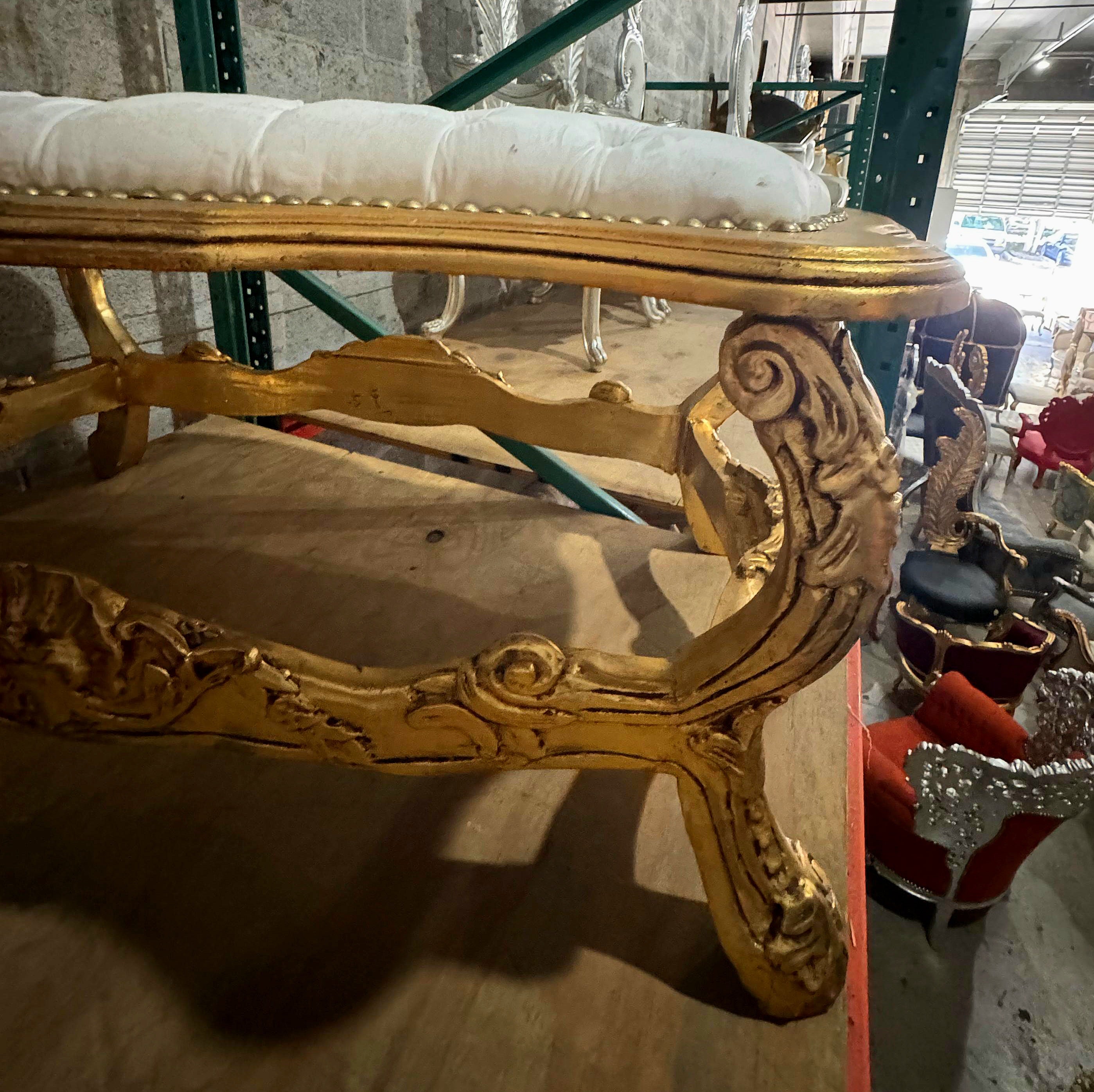 French Rococo Tufted Bench with Gold Leaf Frame & Crystal Button Details