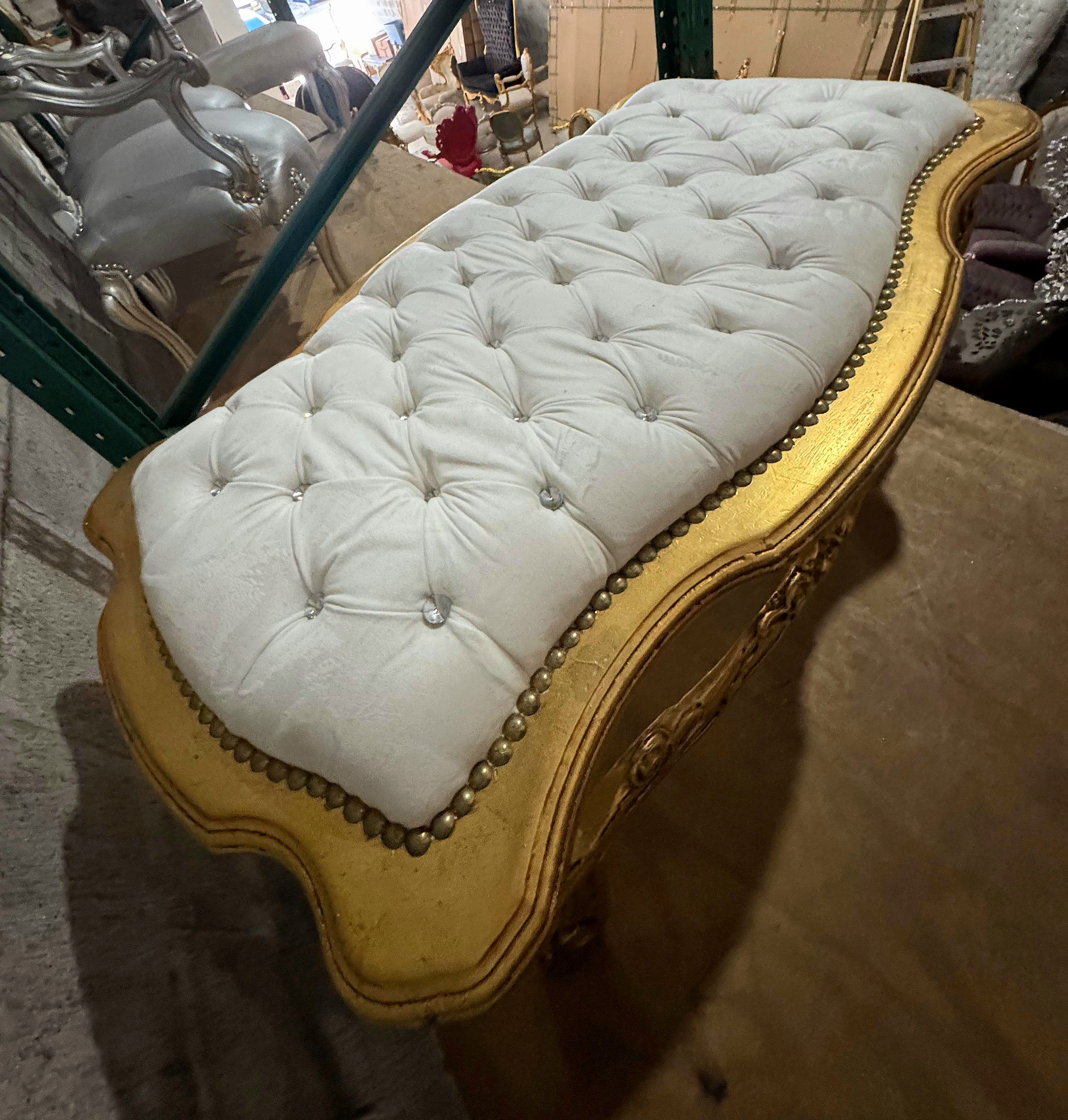 French Rococo Tufted Bench with Gold Leaf Frame & Crystal Button Details