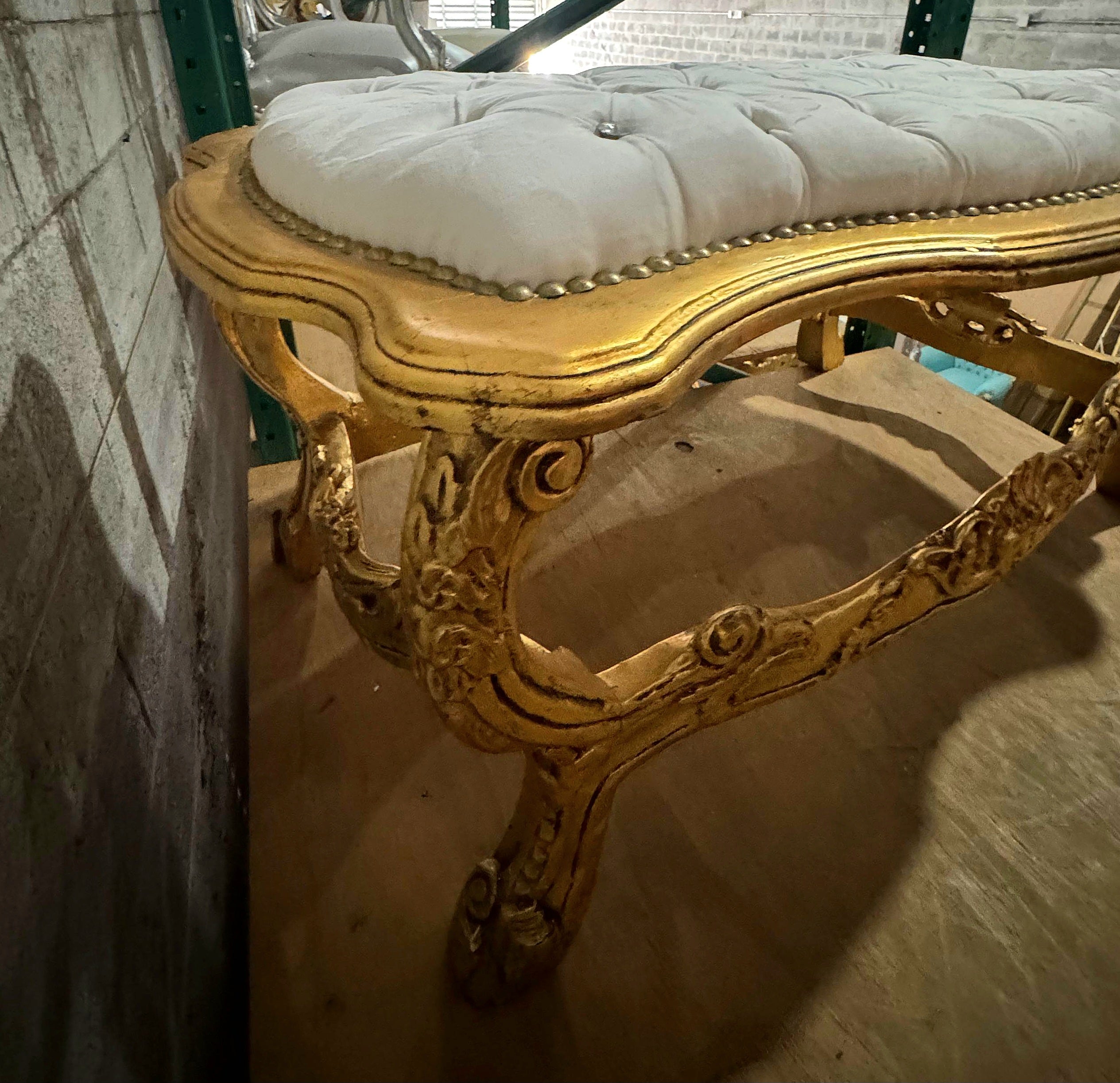 French Rococo Tufted Bench with Gold Leaf Frame & Crystal Button Details
