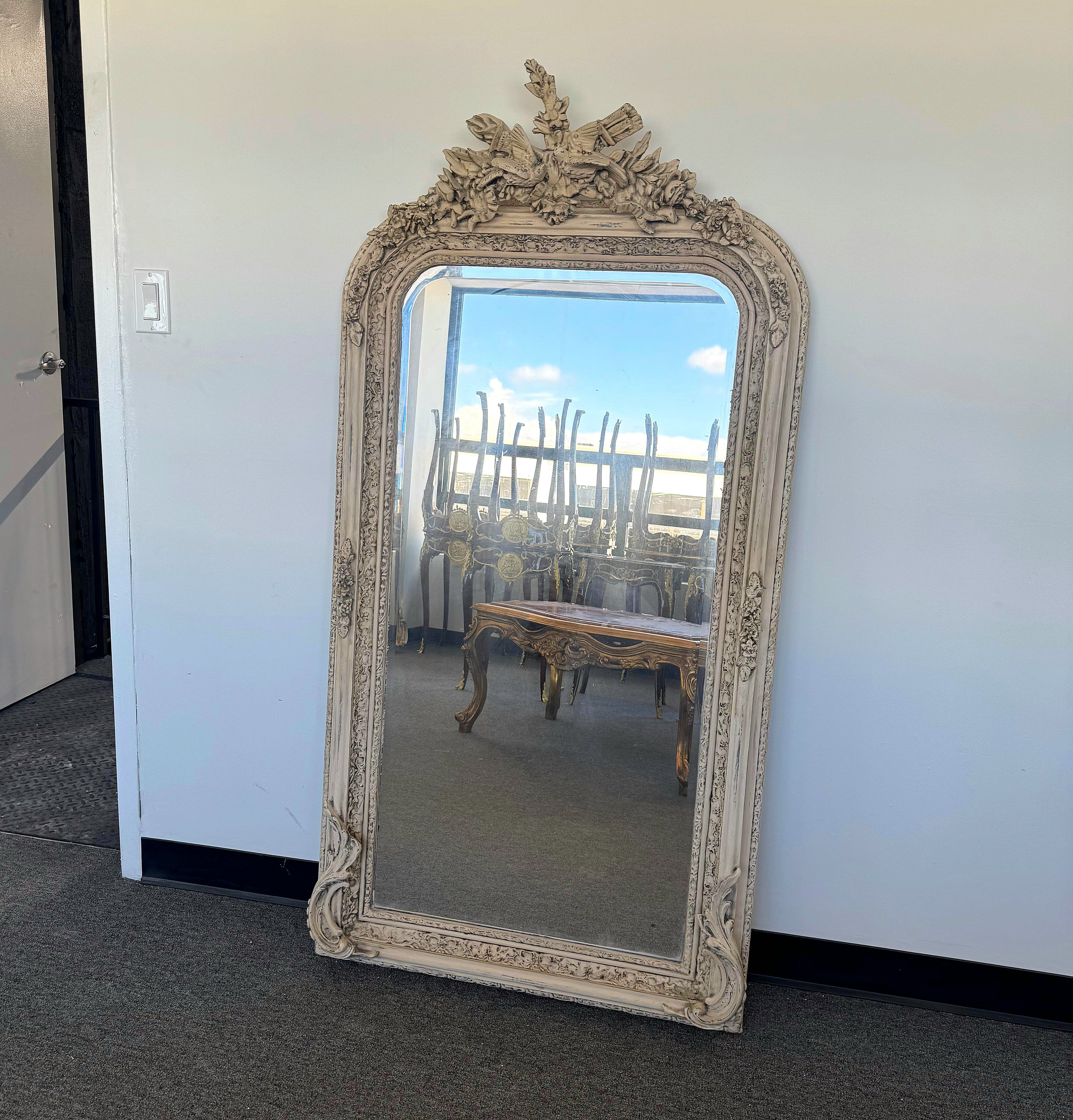 French Style Birds Floor Mirror 5 Feet Tall Home Decor Mirror in a Unique Bone-Colored Finish