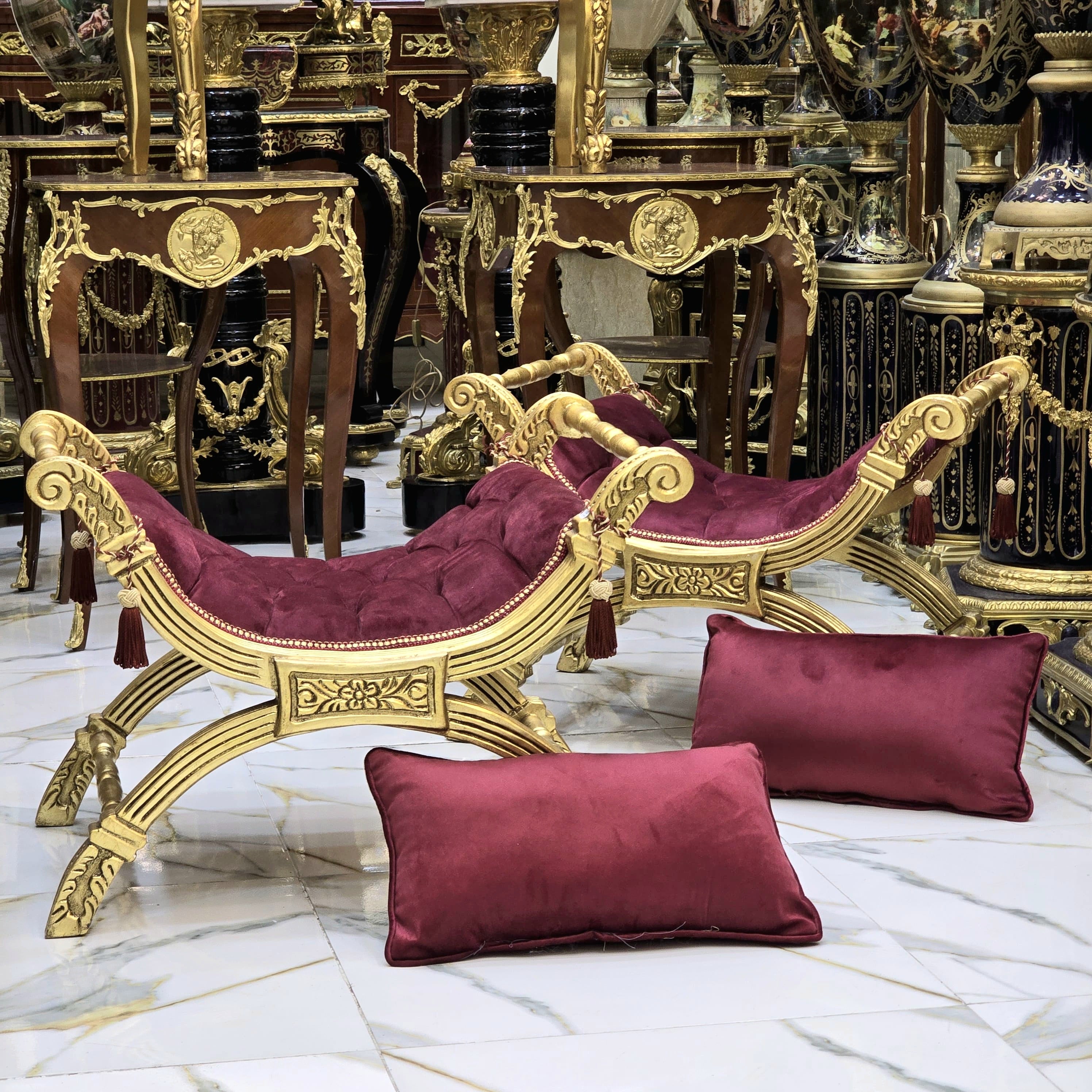 Baroque Style Bench – Cherry Tufted Velvet Upholstery with Gold Leaf Details