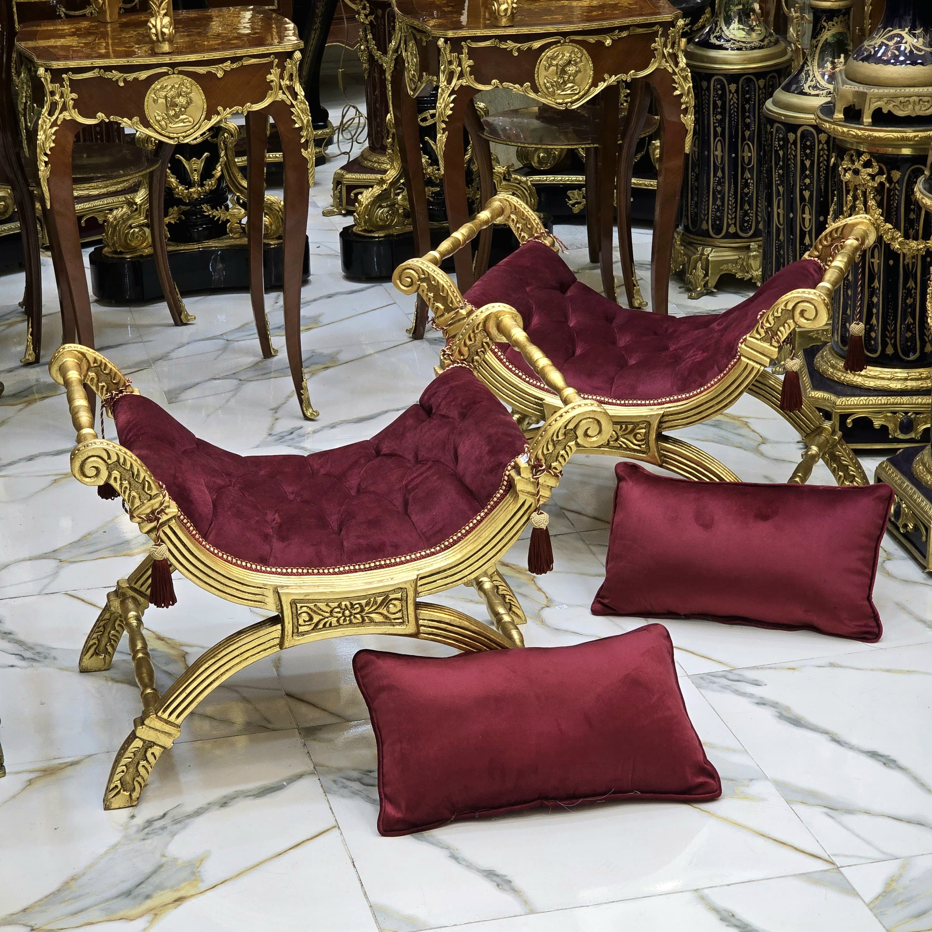 Baroque Style Bench – Cherry Tufted Velvet Upholstery with Gold Leaf Details