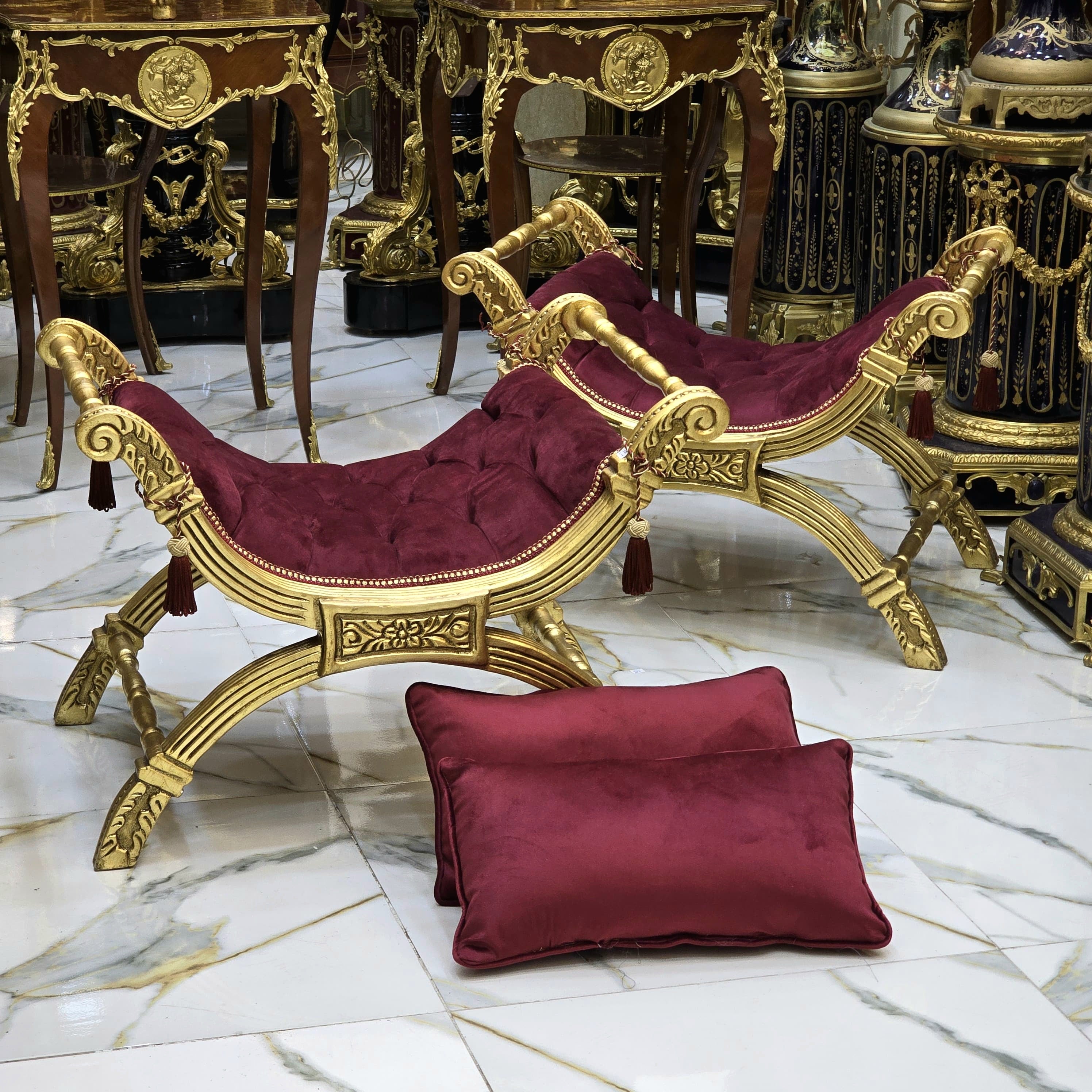 Baroque Style Bench – Cherry Tufted Velvet Upholstery with Gold Leaf Details
