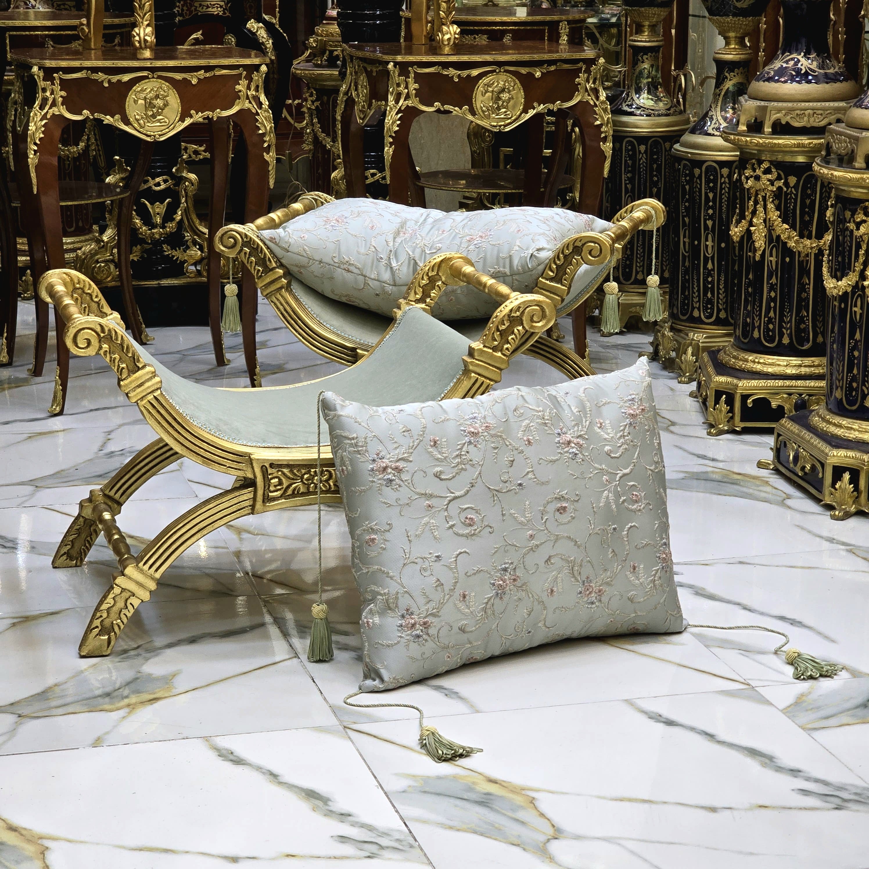 Small Baroque Style Bench – Light Blue Damask Upholstery with Gold Leaf Details