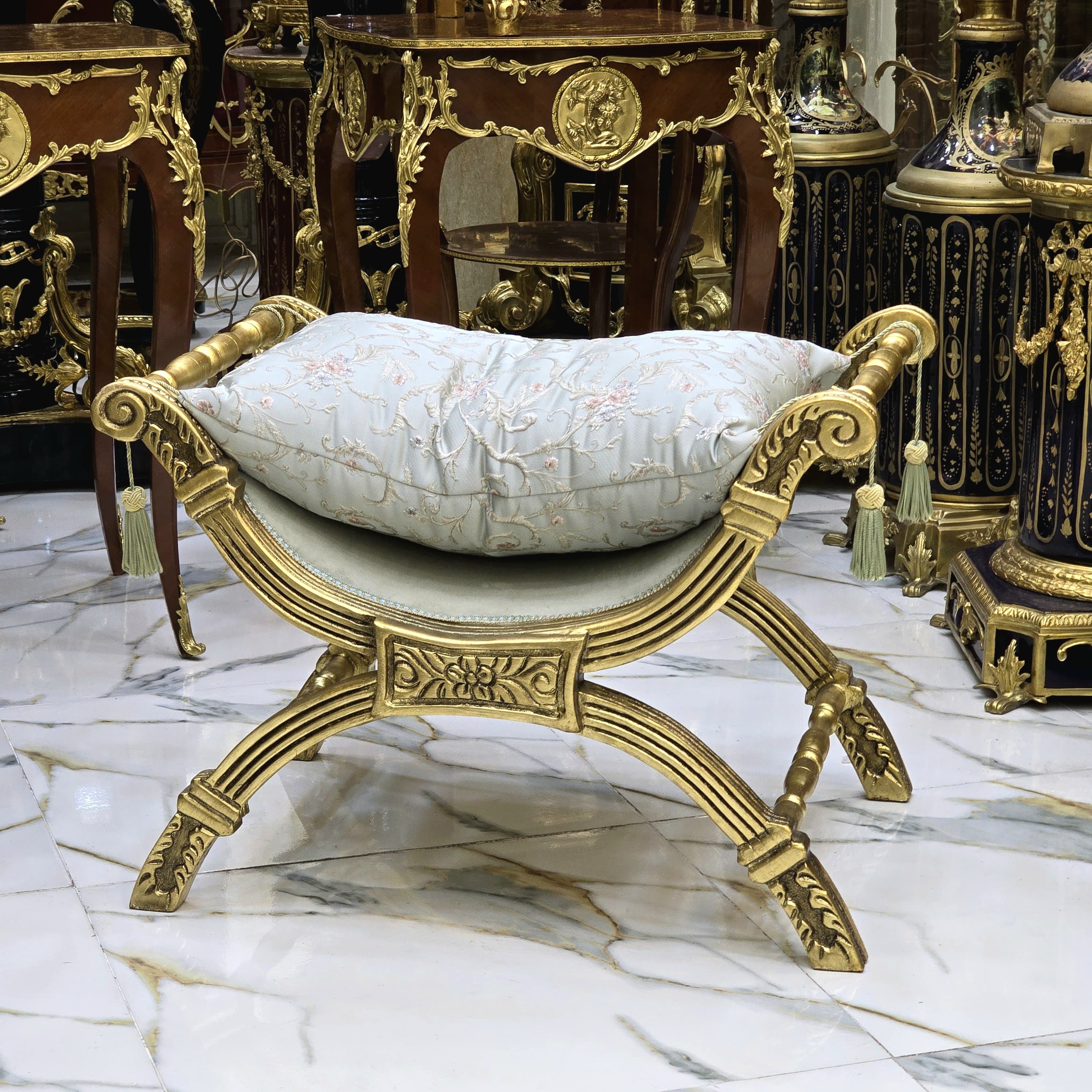 Small Baroque Style Bench – Light Blue Damask Upholstery with Gold Leaf Details