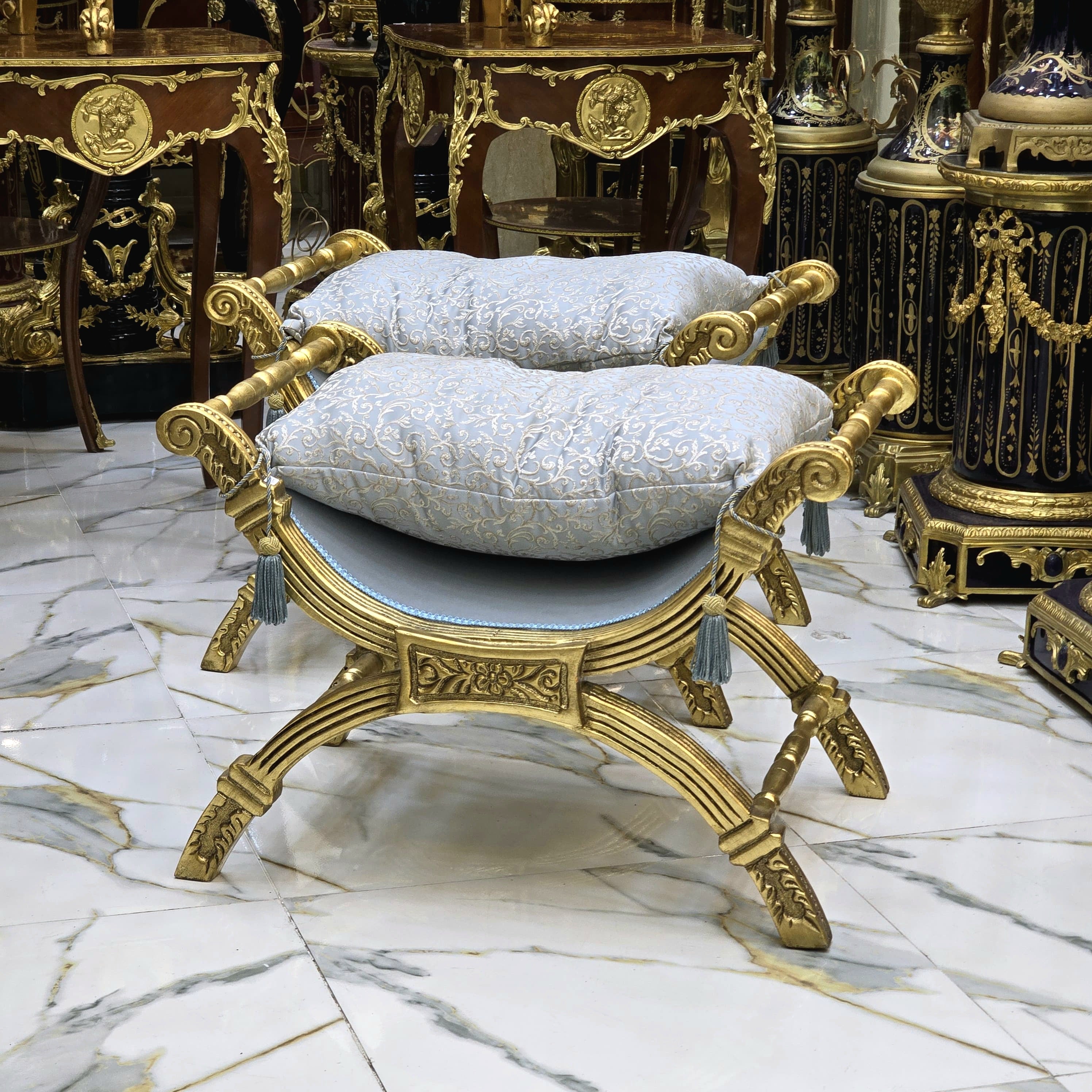 Small Baroque Style Bench – Light Blue Damask Upholstery with Gold Leaf Details