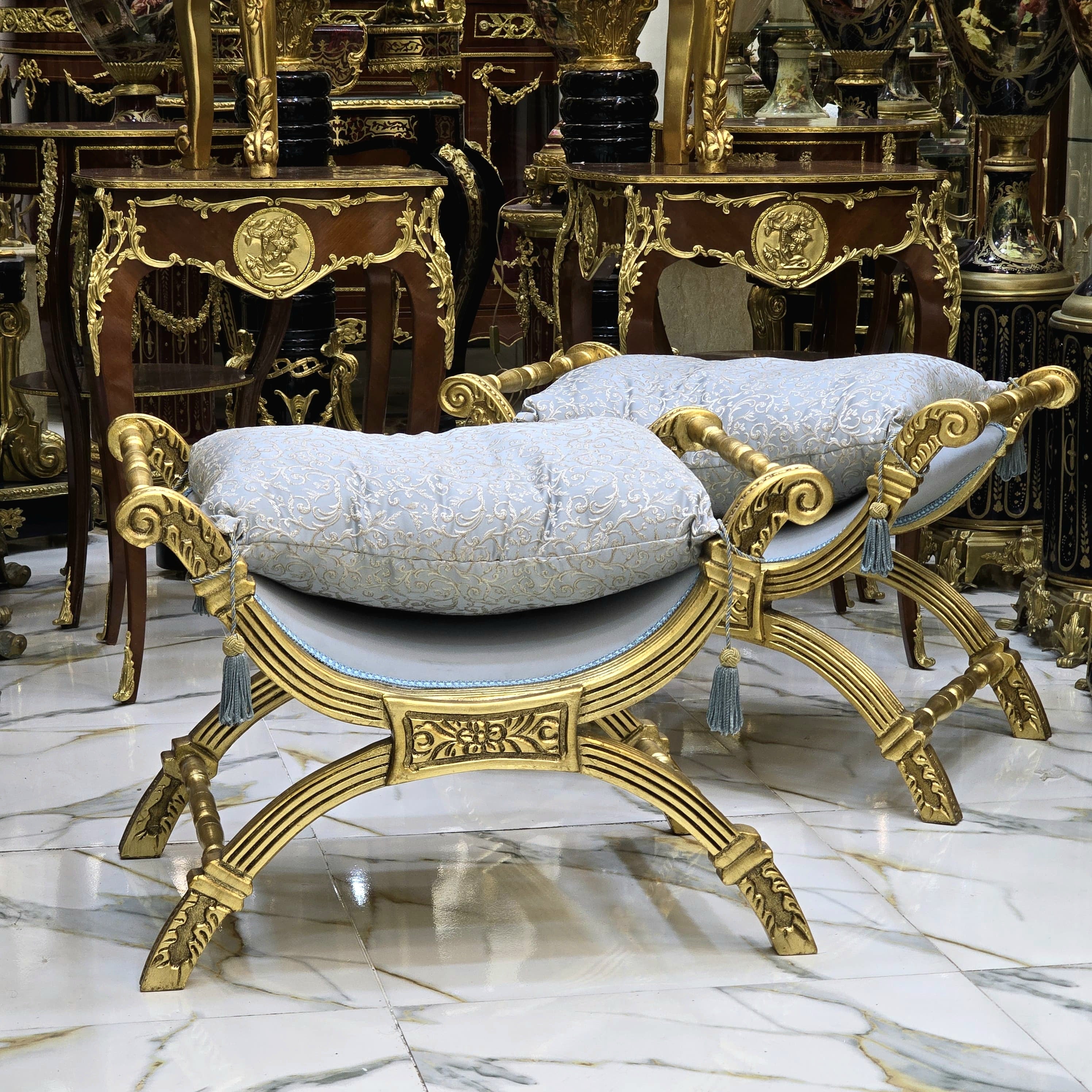 Small Baroque Style Bench – Light Blue Damask Upholstery with Gold Leaf Details