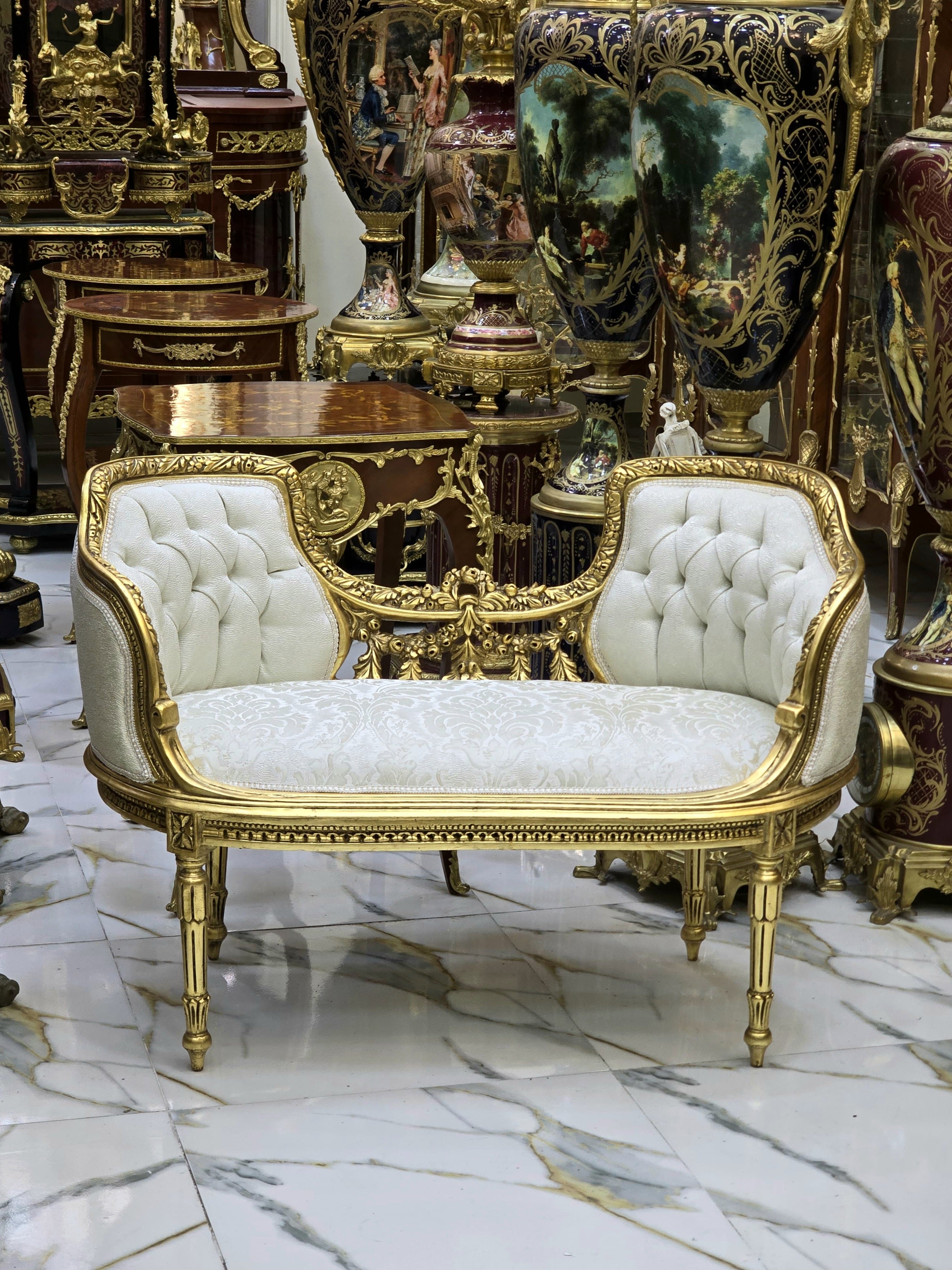 French Style Bench – White Tufted Velvet & Damask Upholstery with Gold Leaf Details