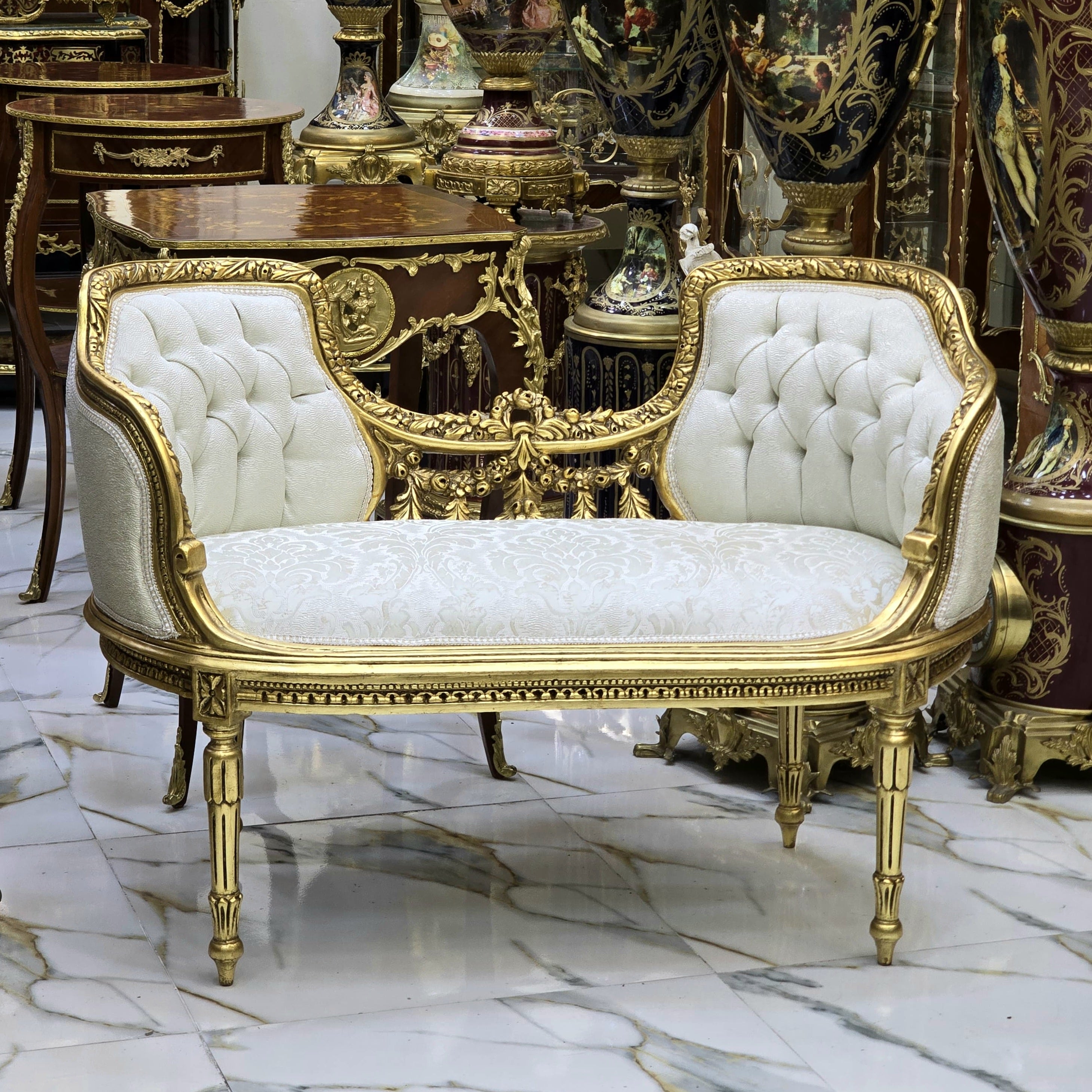French Style Bench – White Tufted Velvet & Damask Upholstery with Gold Leaf Details