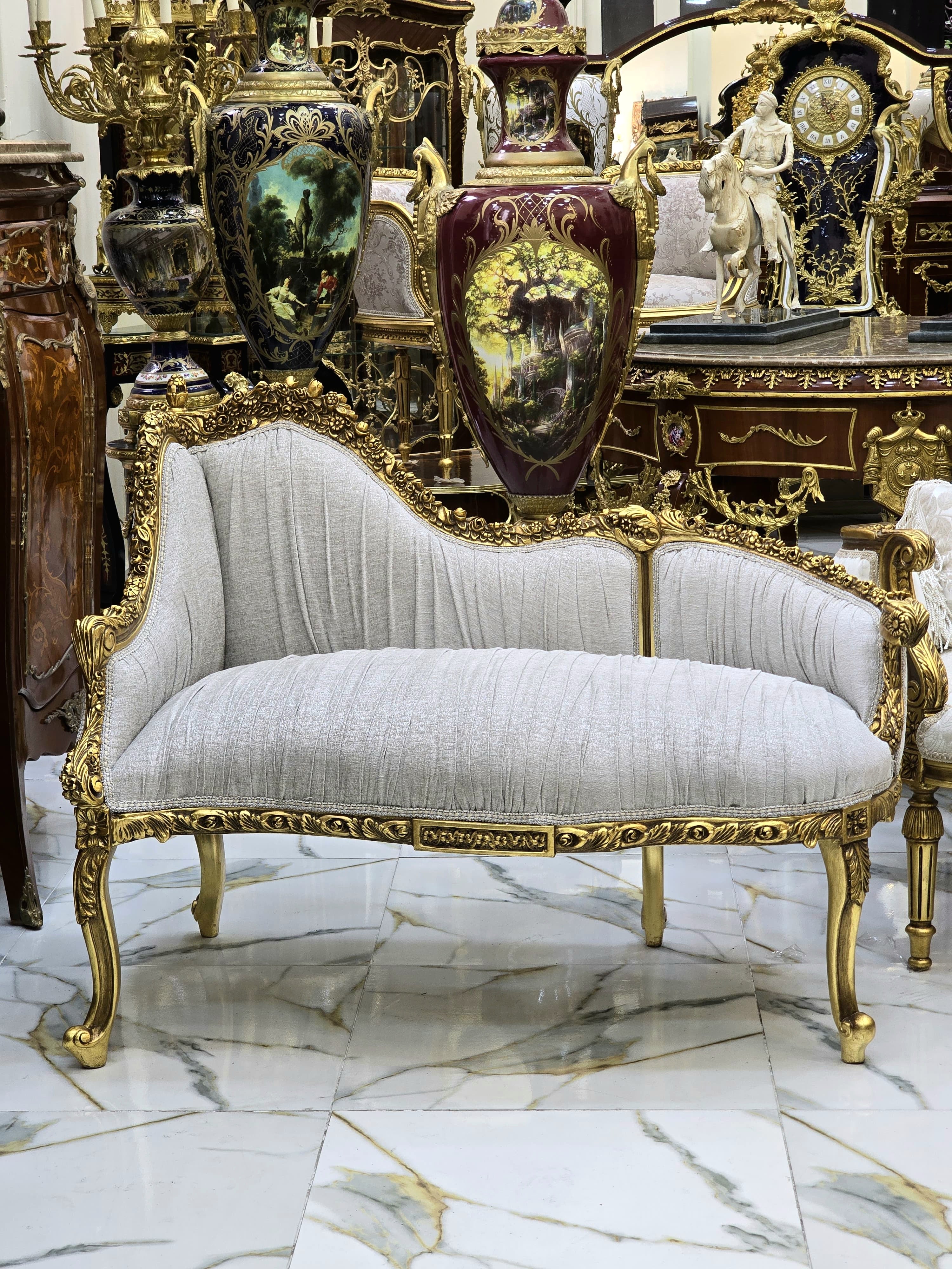Baroque Style Gold Leaf Settee Sofa – Unique Sculpted Back, Tan & Beige Designer Upholstery