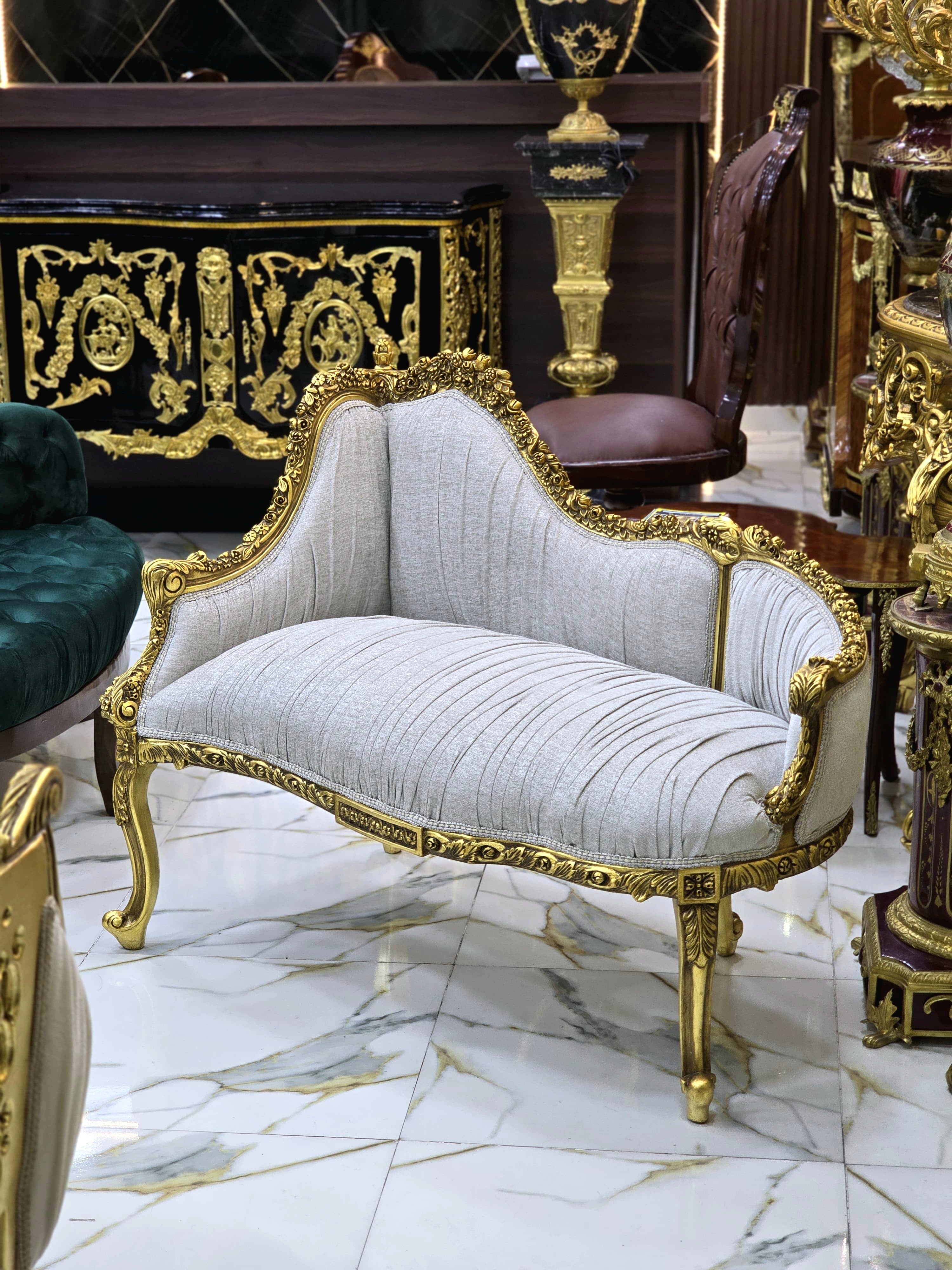 Baroque Style Gold Leaf Settee Sofa – Unique Sculpted Back, Tan & Beige Designer Upholstery