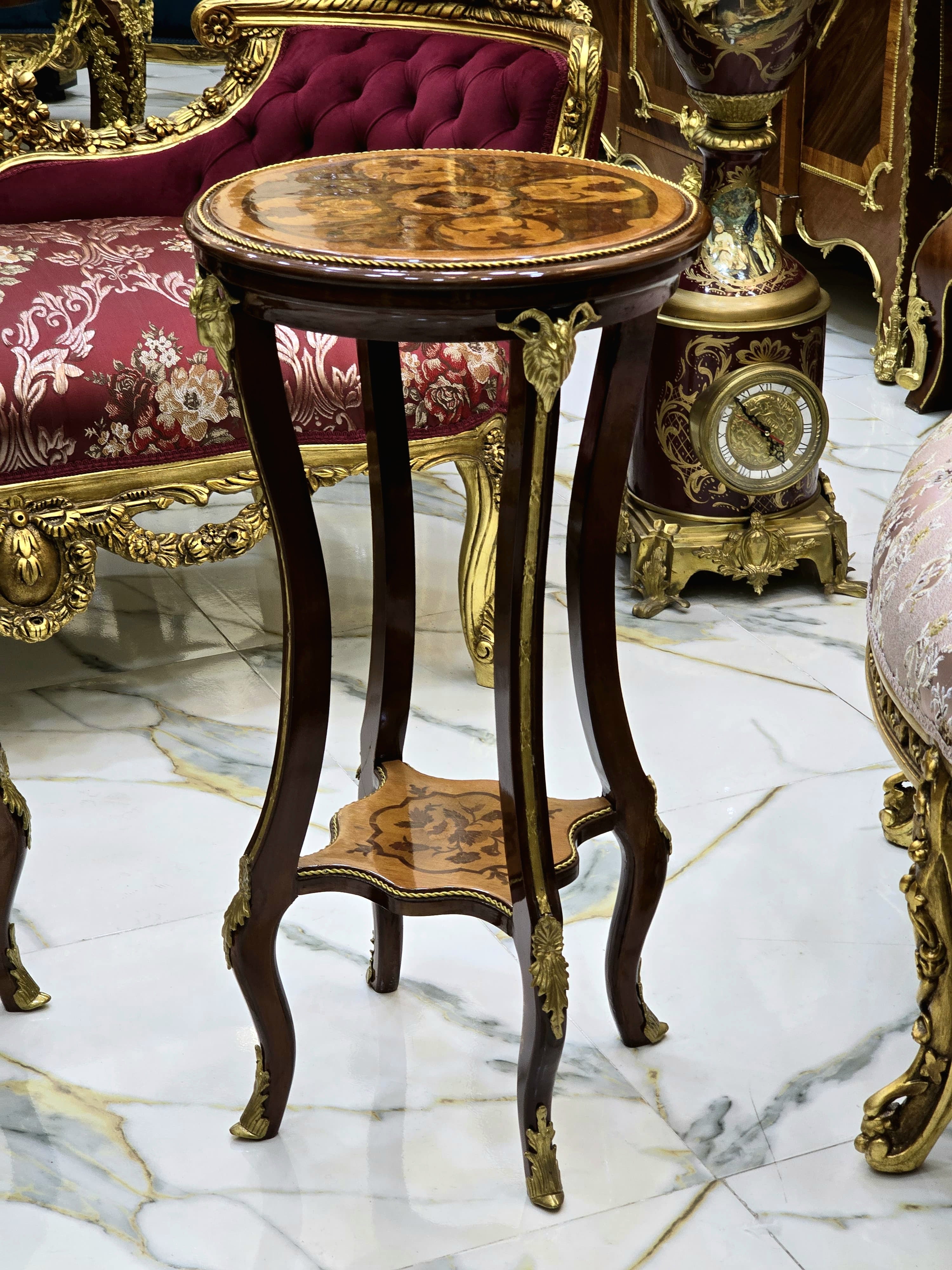French Baroque Style Wood Side Table – Copper Finish with Gold Leaf Accents, Elegant Design