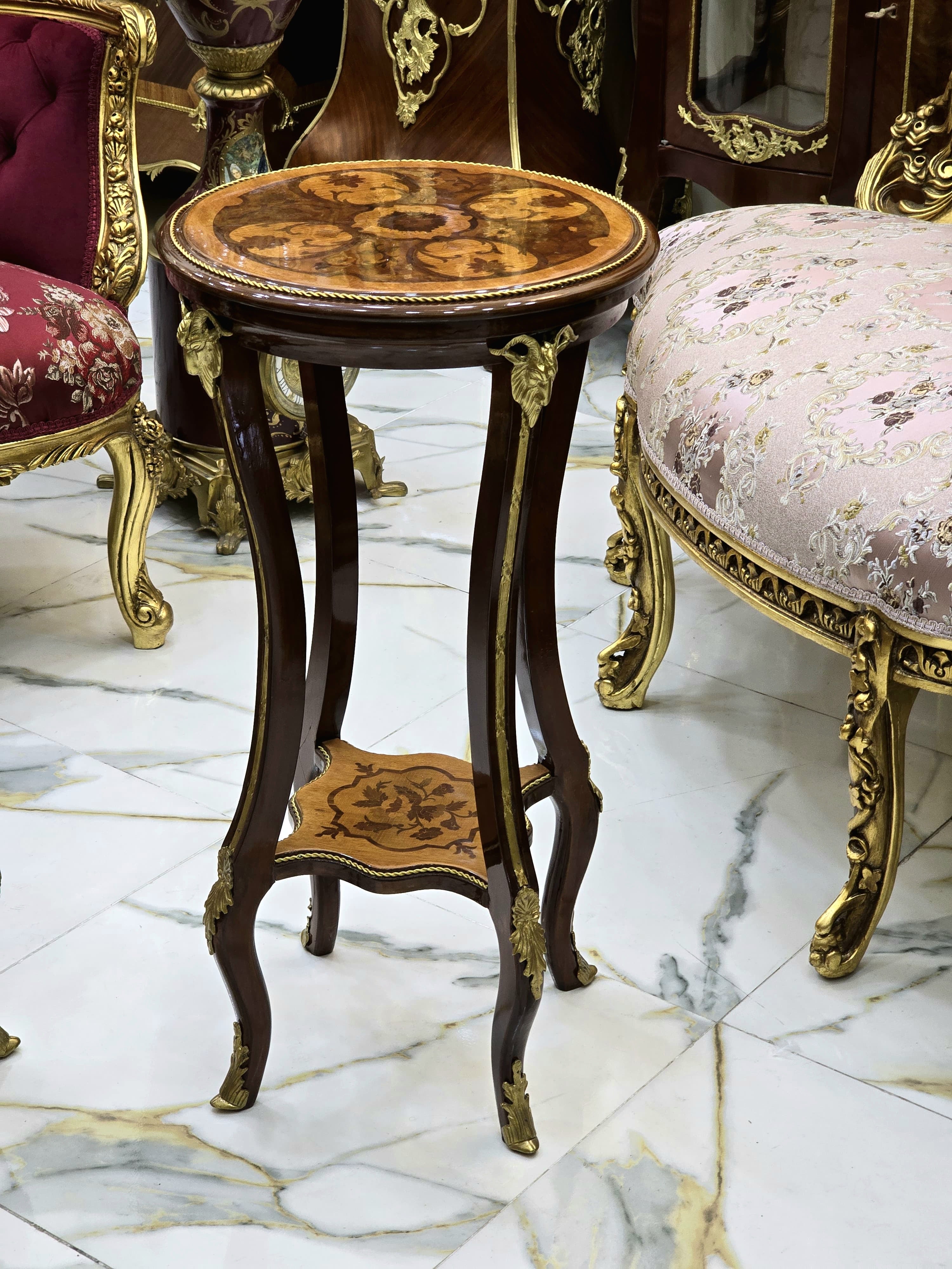 French Baroque Style Wood Side Table – Copper Finish with Gold Leaf Accents, Elegant Design